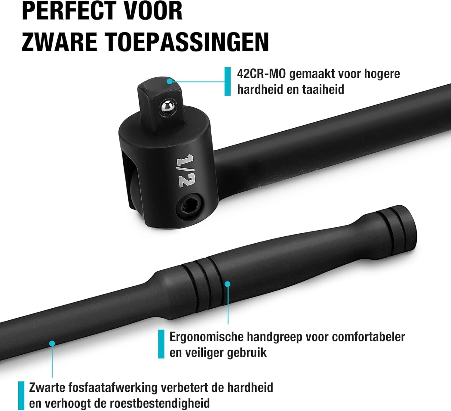 DURATECH Breaker Bar met 240 ° Draaibare 1/2" Aandrijfkop, 60 cm Lang Handvat, Scharniergreep Draaimomentsleutel Heavy-duty Sleutel, Hoog Draaimoment (tot ca. 780 Nm), Zwart