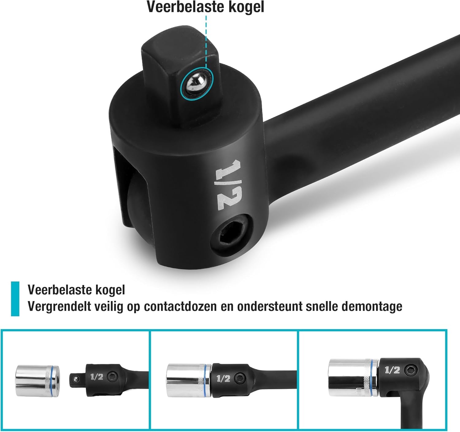 DURATECH Breaker Bar met 240 ° Draaibare 1/2" Aandrijfkop, 60 cm Lang Handvat, Scharniergreep Draaimomentsleutel Heavy-duty Sleutel, Hoog Draaimoment (tot ca. 780 Nm), Zwart