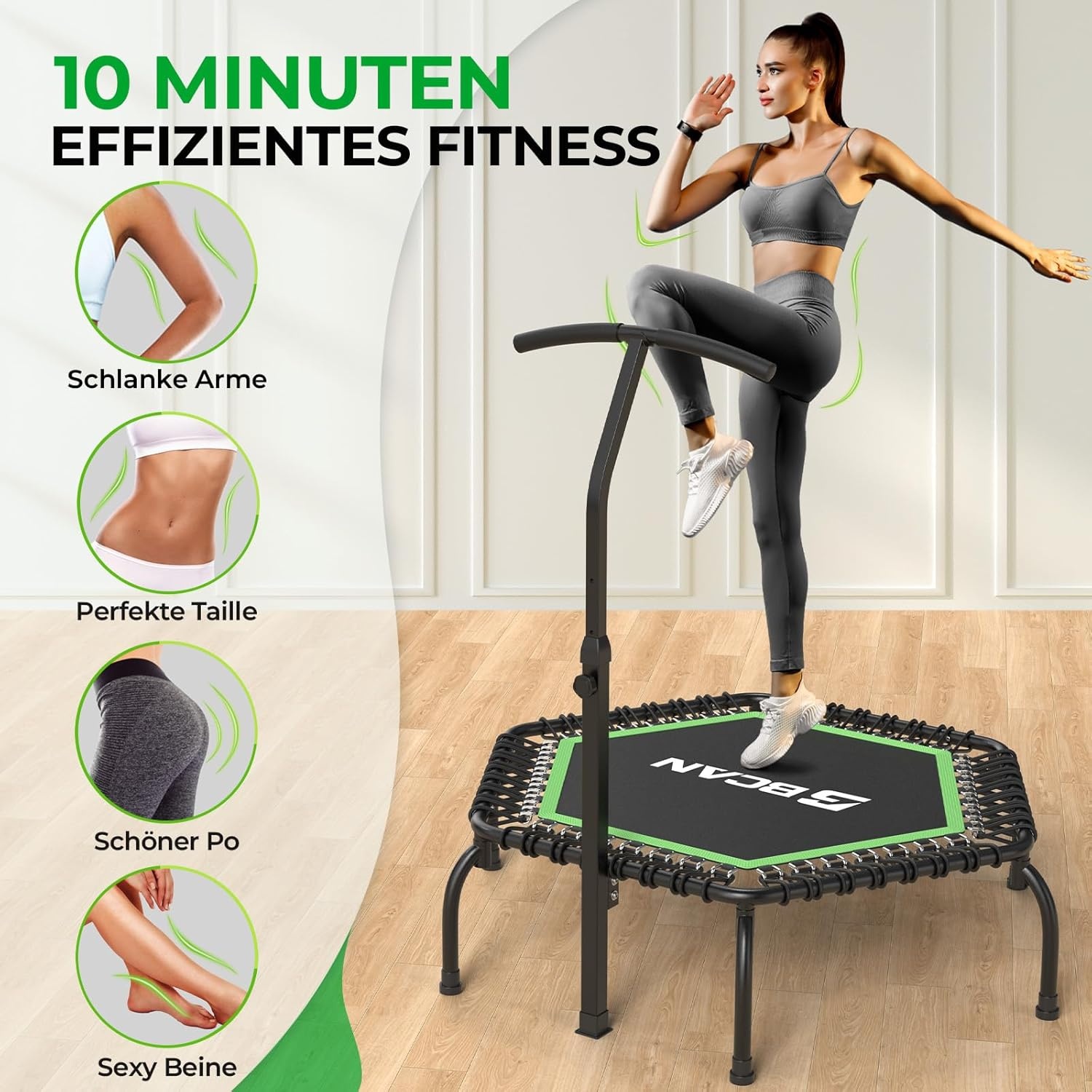 BCAN Fitness Trampoline 122 cm Groen met Bungee-touwen en Verstelbare Handgreep