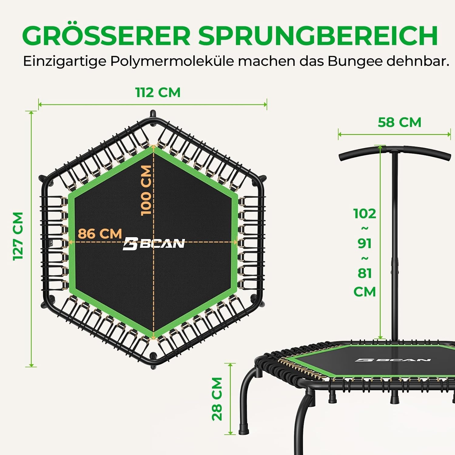 BCAN Fitness Trampoline 122 cm Groen met Bungee-touwen en Verstelbare Handgreep
