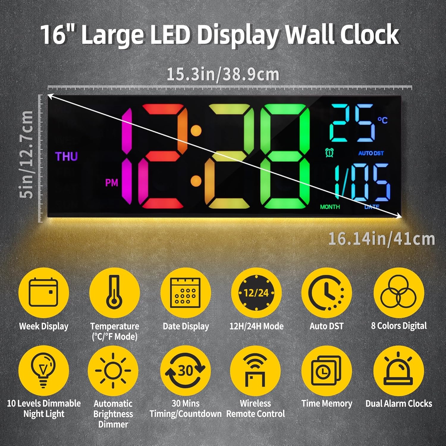 Digitale Wandklok 41cm | Temp, Datum, Zomertijd | 29% Korting!