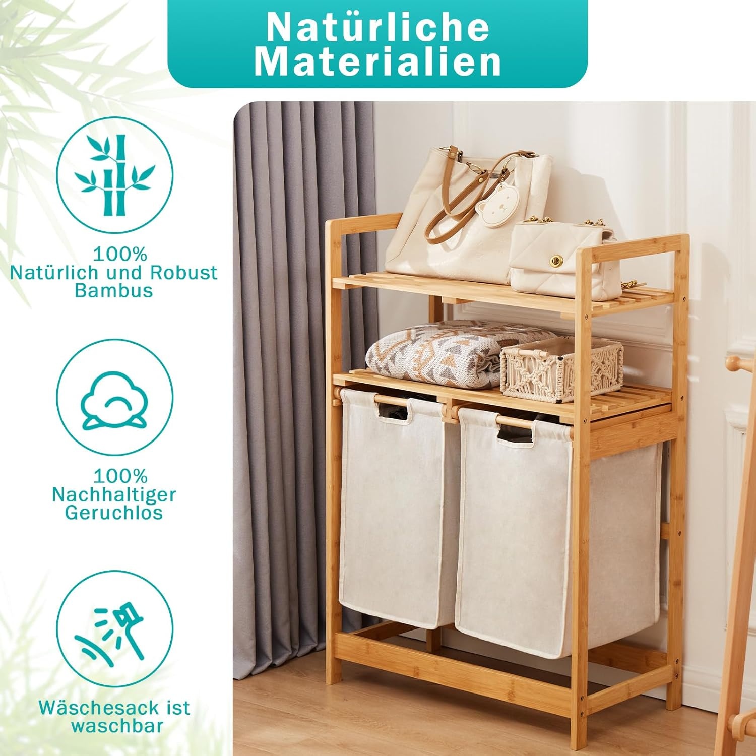 Wasmand Bamboeframe 2 Planken & Zakken - 93x64x33 cm - Ivoor (48% Korting)