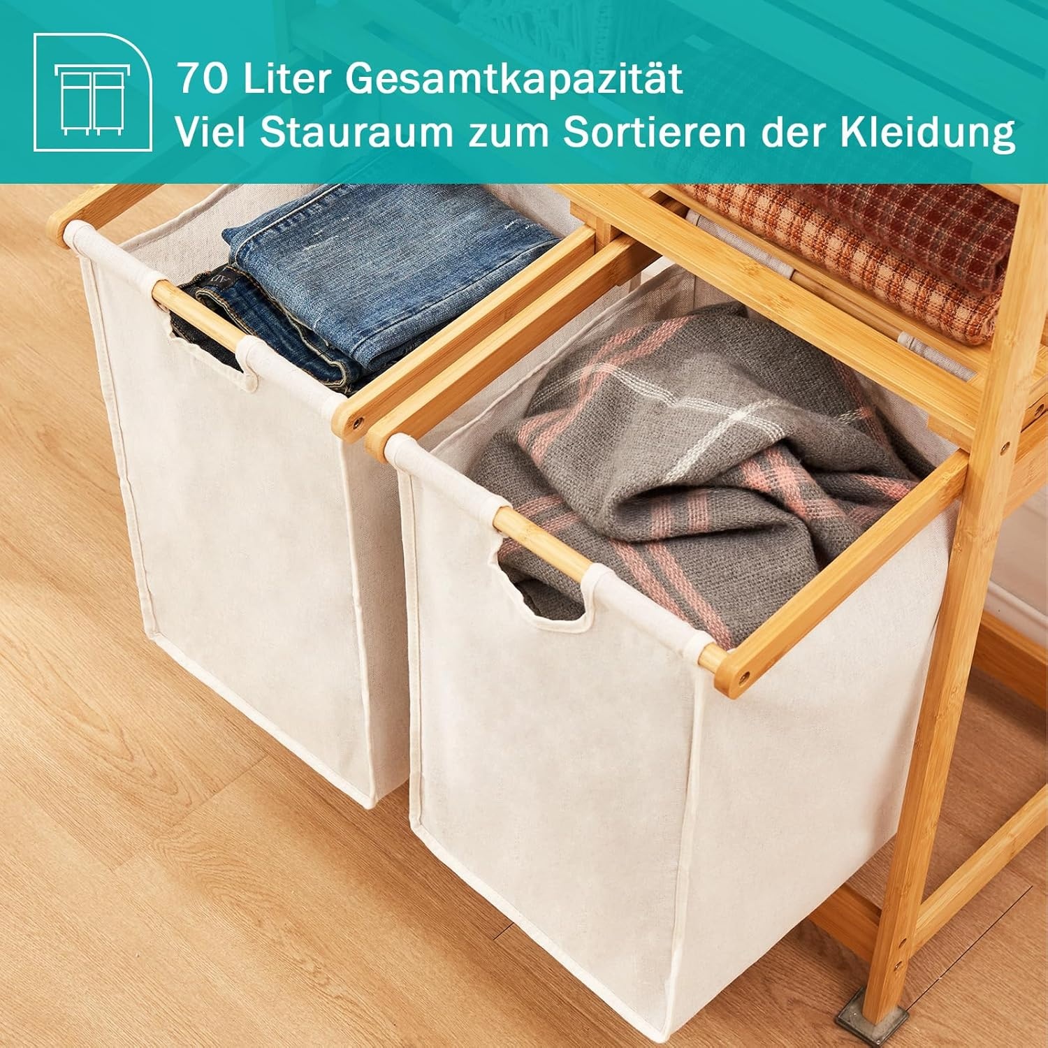 Wasmand Bamboeframe 2 Planken & Zakken - 93x64x33 cm - Ivoor (48% Korting)