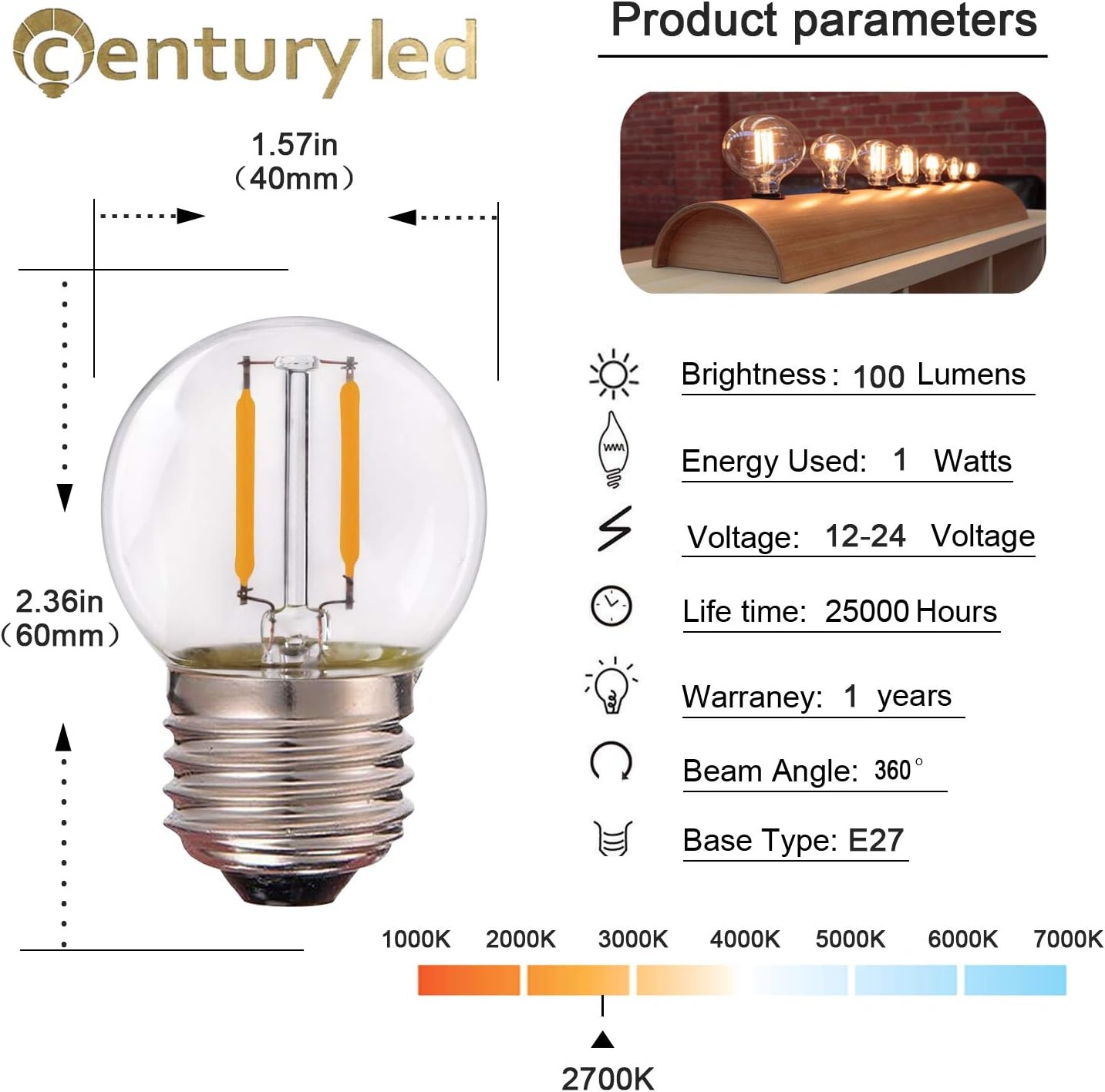 6x G40 LED Filament Lampen 1W E27 Warm Wit - 26% Korting!