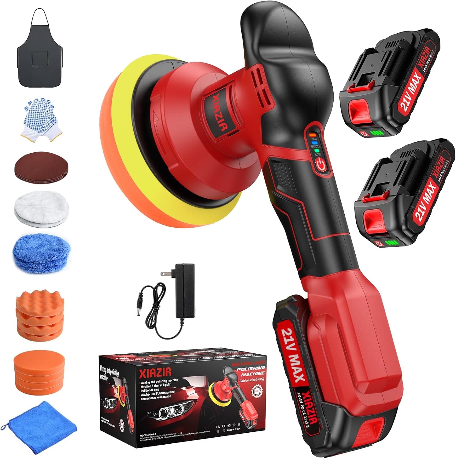 XIAZIR Accu Polijstmachine - 6 inch Auto Polijstmachine met 2x 21V 2000mAh Batterijen en 19 Accessoires