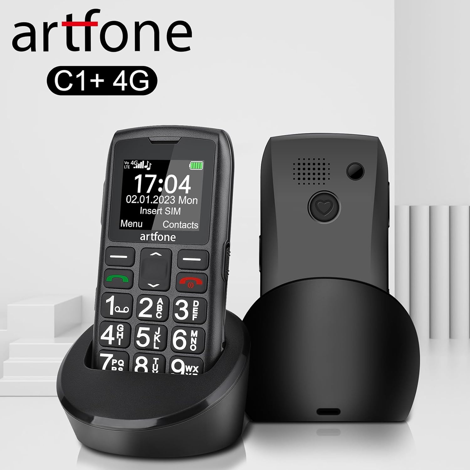 artfone Senior ontgrendeld mobiele telefoon met grote knoppen, SOS-knop, hoog volume, 1400mAh batterij, FM-radio, oplaadstation, 4G mobiele telefoon voor senioren C1 LTE Senior