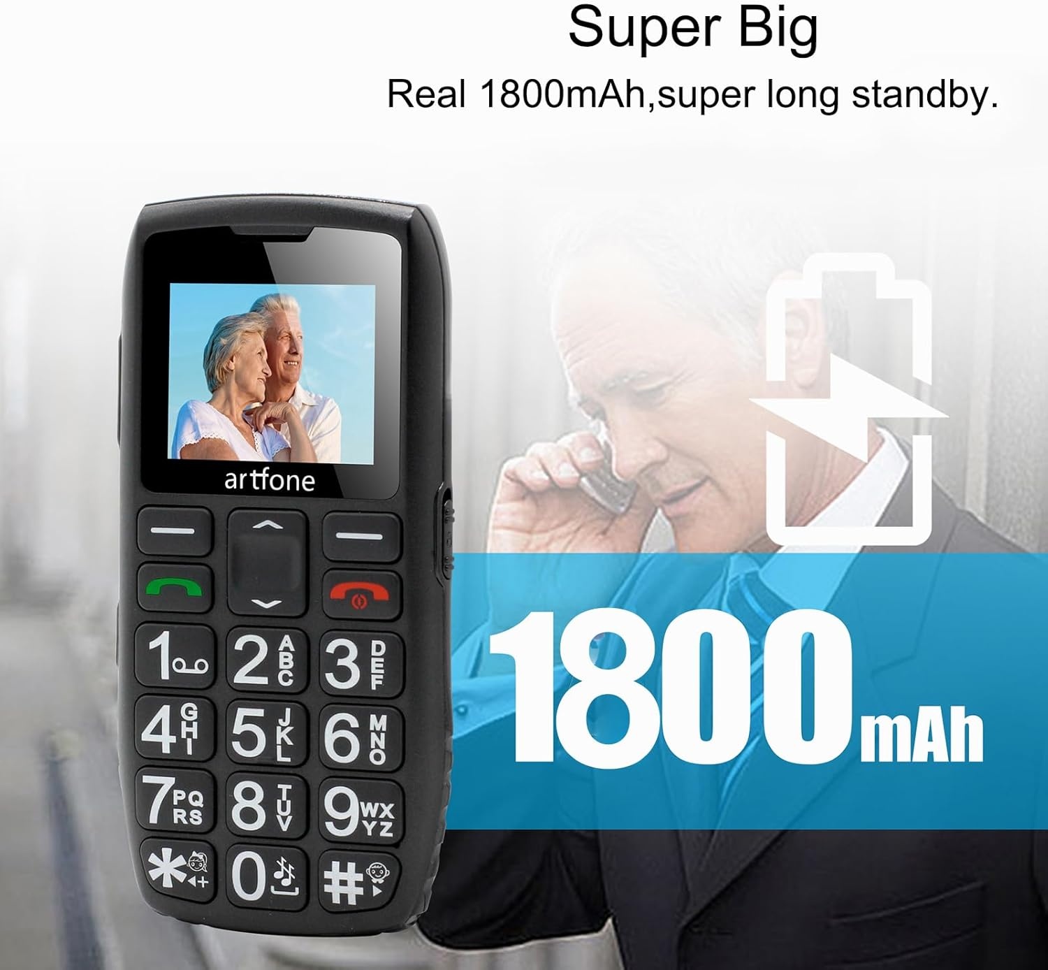 artfone Senior ontgrendeld mobiele telefoon met grote knoppen, SOS-knop, hoog volume, 1400mAh batterij, FM-radio, oplaadstation, 4G mobiele telefoon voor senioren C1 LTE Senior