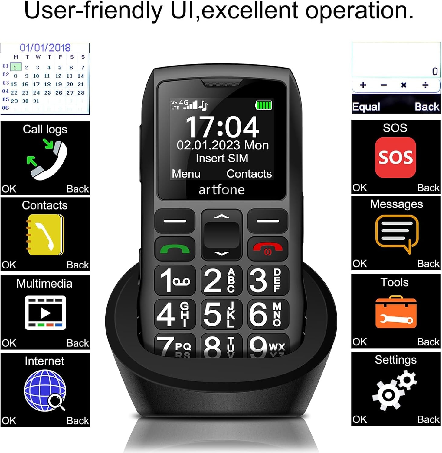 artfone Senior ontgrendeld mobiele telefoon met grote knoppen, SOS-knop, hoog volume, 1400mAh batterij, FM-radio, oplaadstation, 4G mobiele telefoon voor senioren C1 LTE Senior
