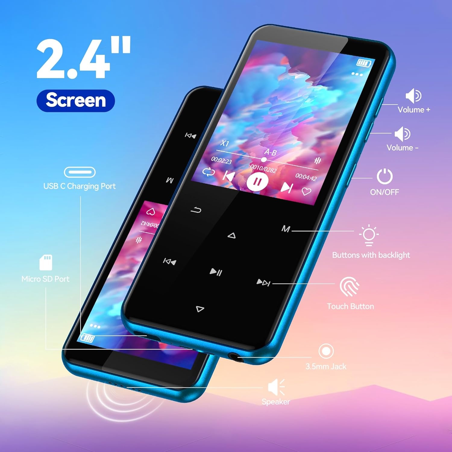 AGPTEK 64GB MP3-speler met Bluetooth, speaker en 2.4 inch display - Zwart