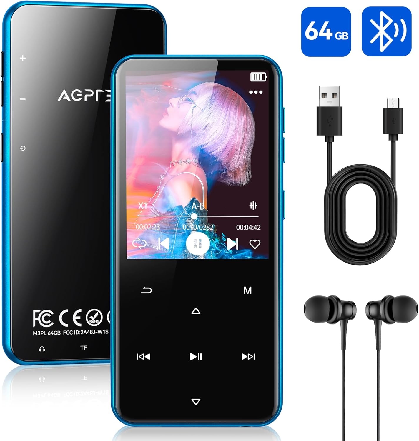 AGPTEK 64GB MP3-speler met Bluetooth, speaker en 2.4 inch display - Zwart