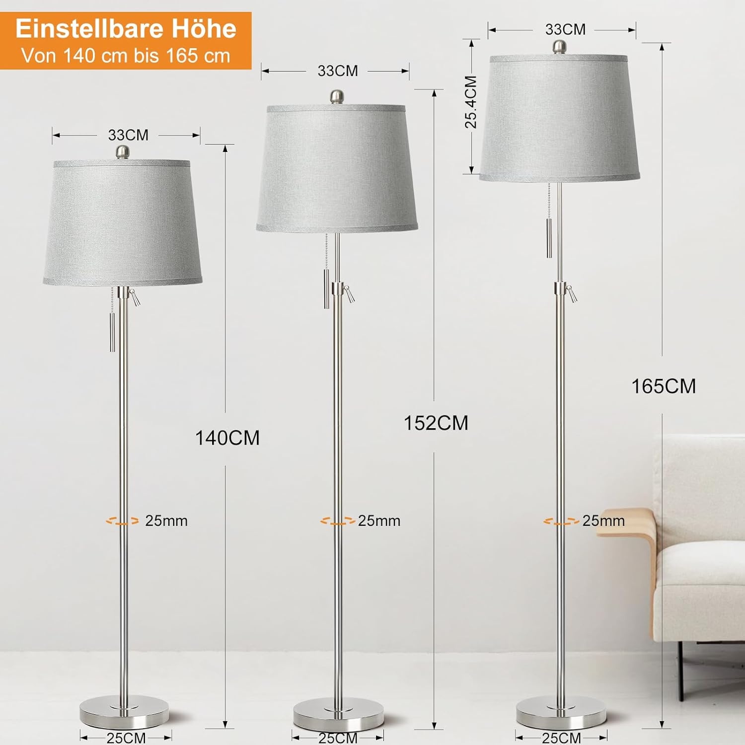 Staande lamp zilver, 140-165cm, 3 kleurtemperaturen LED, E27 - 34% Korting!
