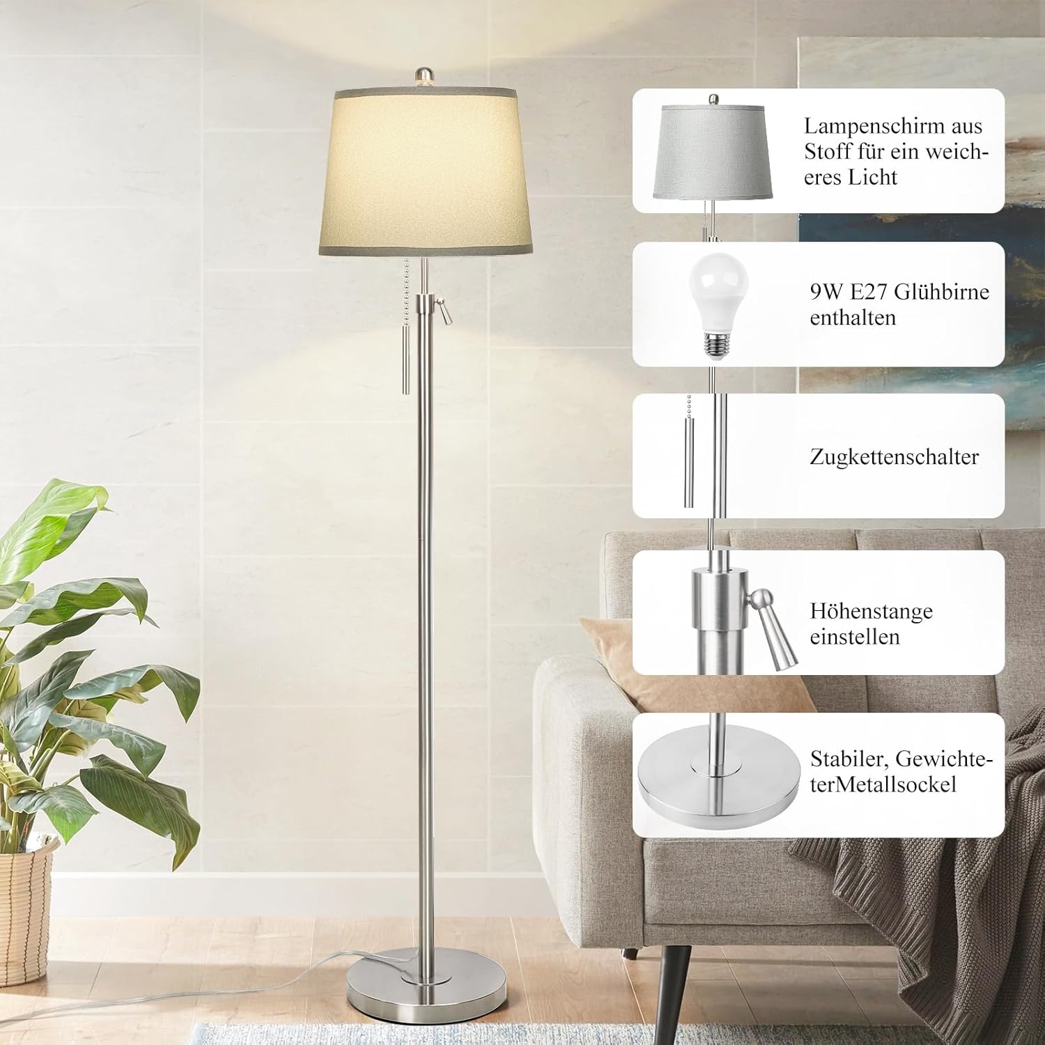 Staande lamp zilver, 140-165cm, 3 kleurtemperaturen LED, E27 - 34% Korting!