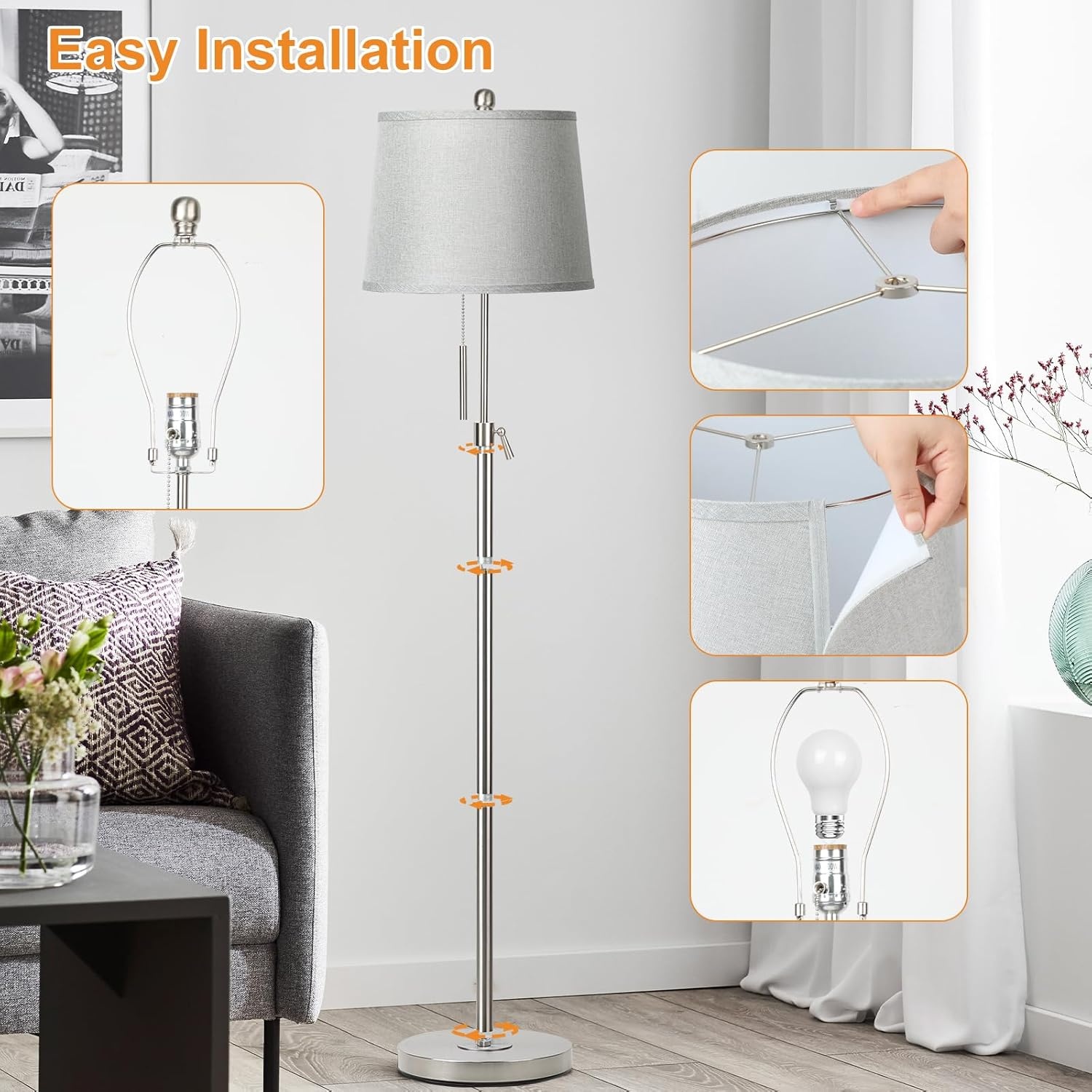 Staande lamp zilver, 140-165cm, 3 kleurtemperaturen LED, E27 - 34% Korting!