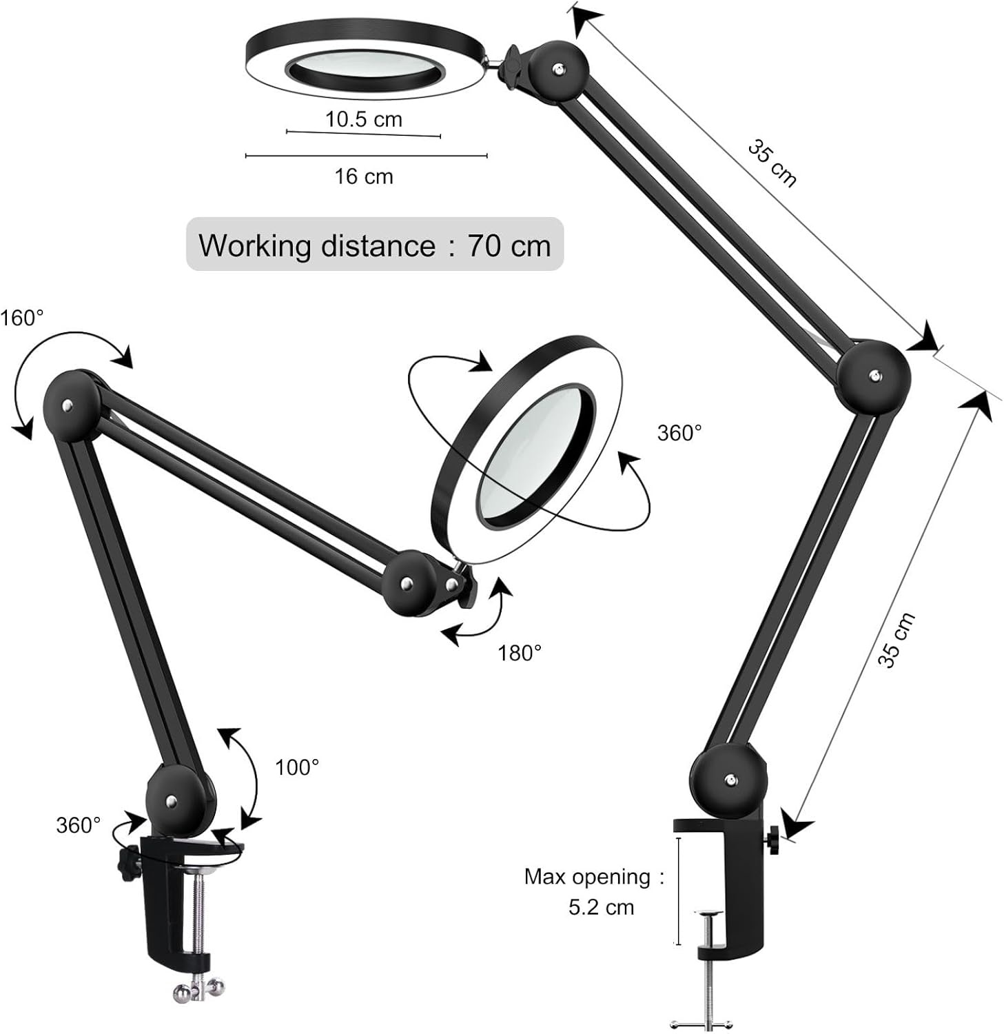 LED vergrootglas met 5 dioptrieën – Bureaulamp met 105mm glazen lens, dimbaar licht (3 kleuren) & tafelklem – Flexibele zwenkarm voor precisiewerk, knutselen & lezen