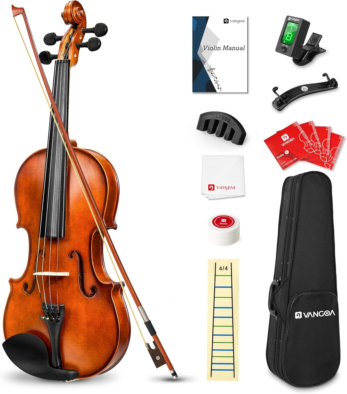 Vangoa 4/4 full size akoestische viool vioolset voor volwassen beginners studenten met vioolkoffer, strijkstok, hars, schoudersteun, stemapparaat, snaren, handleiding - Maat 4/4