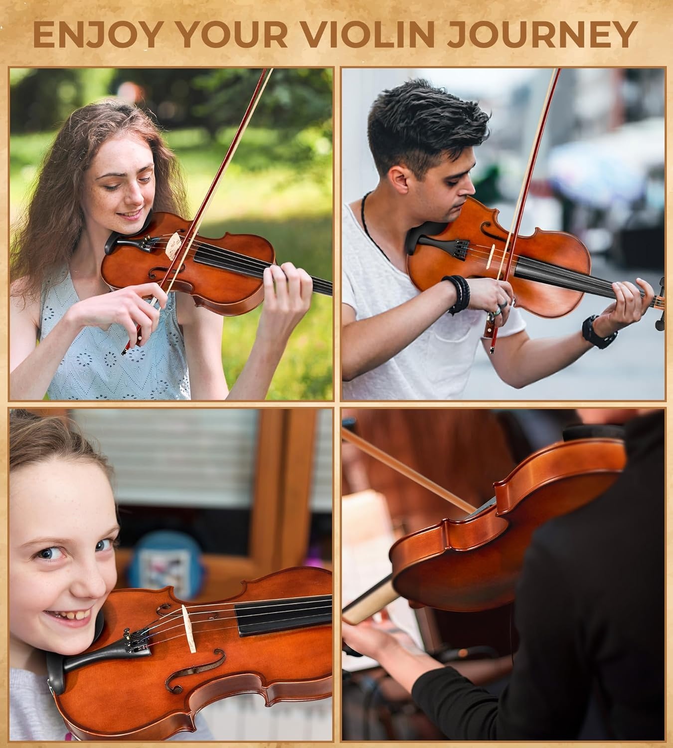Vangoa 4/4 full size akoestische viool vioolset voor volwassen beginners studenten met vioolkoffer, strijkstok, hars, schoudersteun, stemapparaat, snaren, handleiding - Maat 4/4