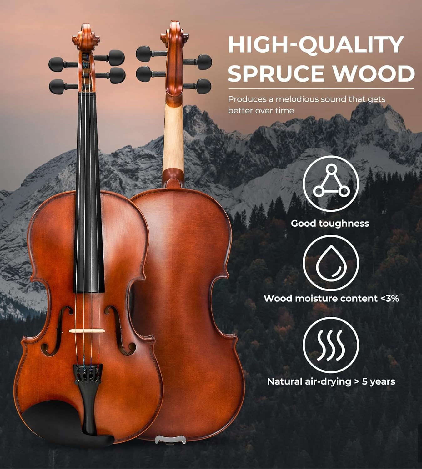 Vangoa 4/4 full size akoestische viool vioolset voor volwassen beginners studenten met vioolkoffer, strijkstok, hars, schoudersteun, stemapparaat, snaren, handleiding - Maat 4/4