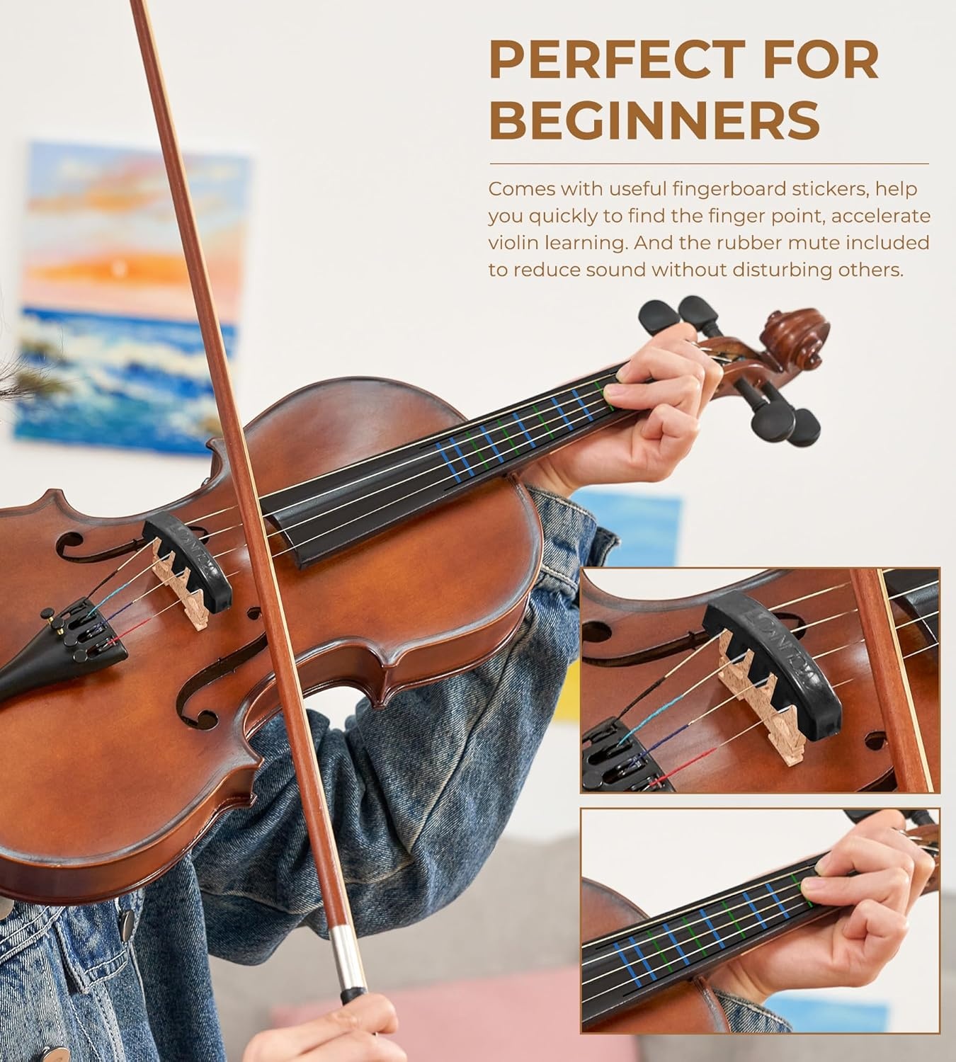 Vangoa 4/4 full size akoestische viool vioolset voor volwassen beginners studenten met vioolkoffer, strijkstok, hars, schoudersteun, stemapparaat, snaren, handleiding - Maat 4/4