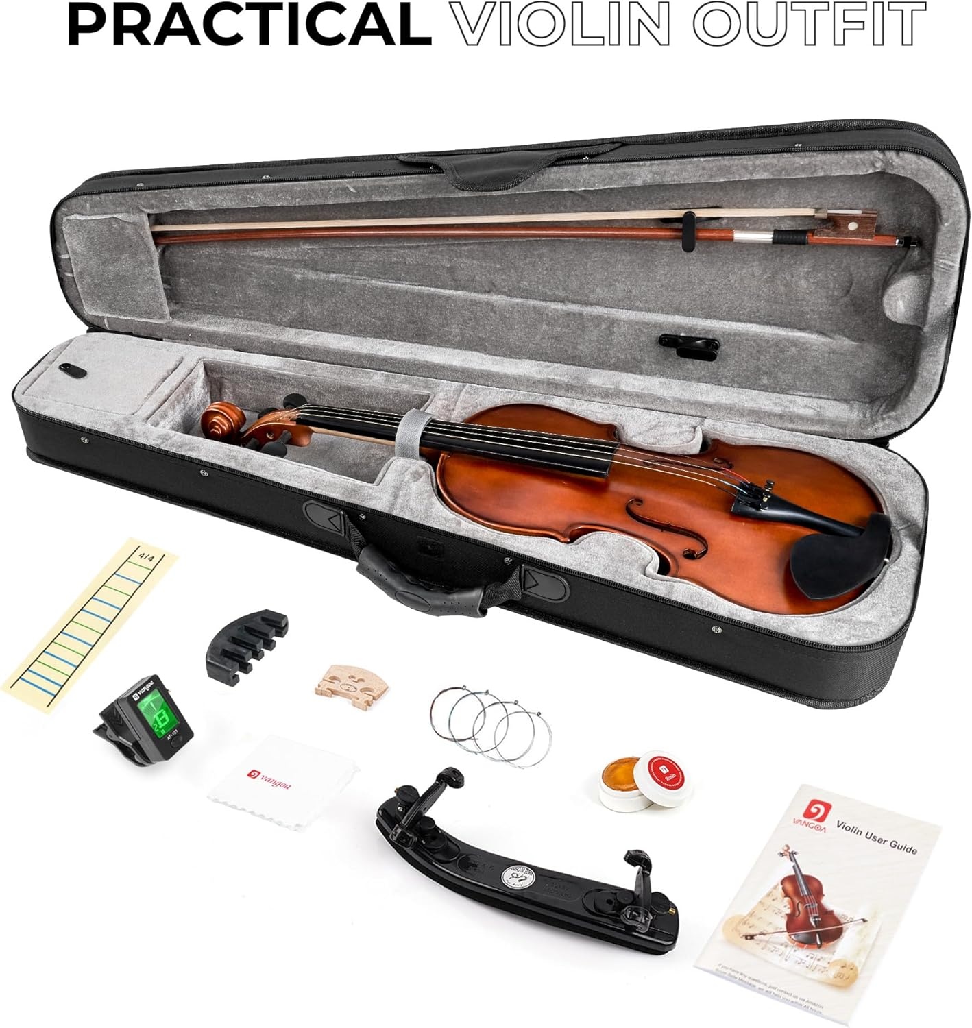 Vangoa 4/4 full size akoestische viool vioolset voor volwassen beginners studenten met vioolkoffer, strijkstok, hars, schoudersteun, stemapparaat, snaren, handleiding - Maat 4/4