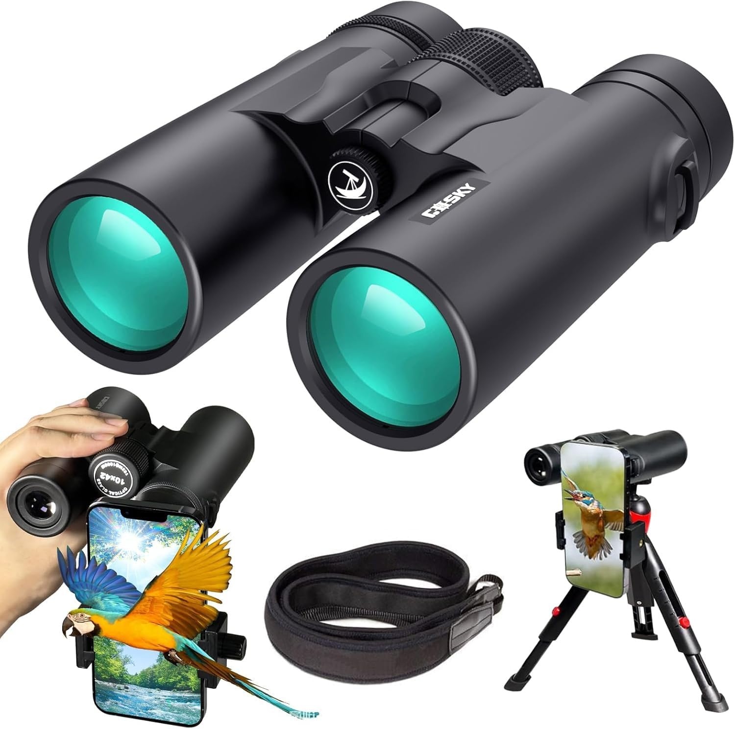 Gosky 10x42 Dak Prisma Verrekijker voor Volwassenen, HD Professionele Verrekijker voor Vogels Kijken Reizen Sterrenkijken Jacht Concerten Sport-BAK4 Prisma FMC-lens - met telefoonbevestiging riem