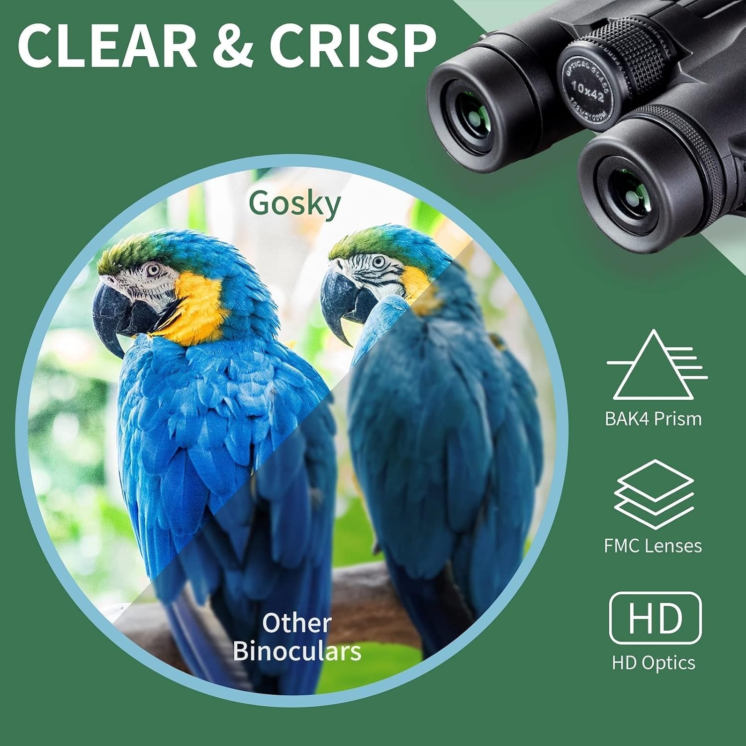 Gosky 10x42 Dak Prisma Verrekijker voor Volwassenen, HD Professionele Verrekijker voor Vogels Kijken Reizen Sterrenkijken Jacht Concerten Sport-BAK4 Prisma FMC-lens - met telefoonbevestiging riem