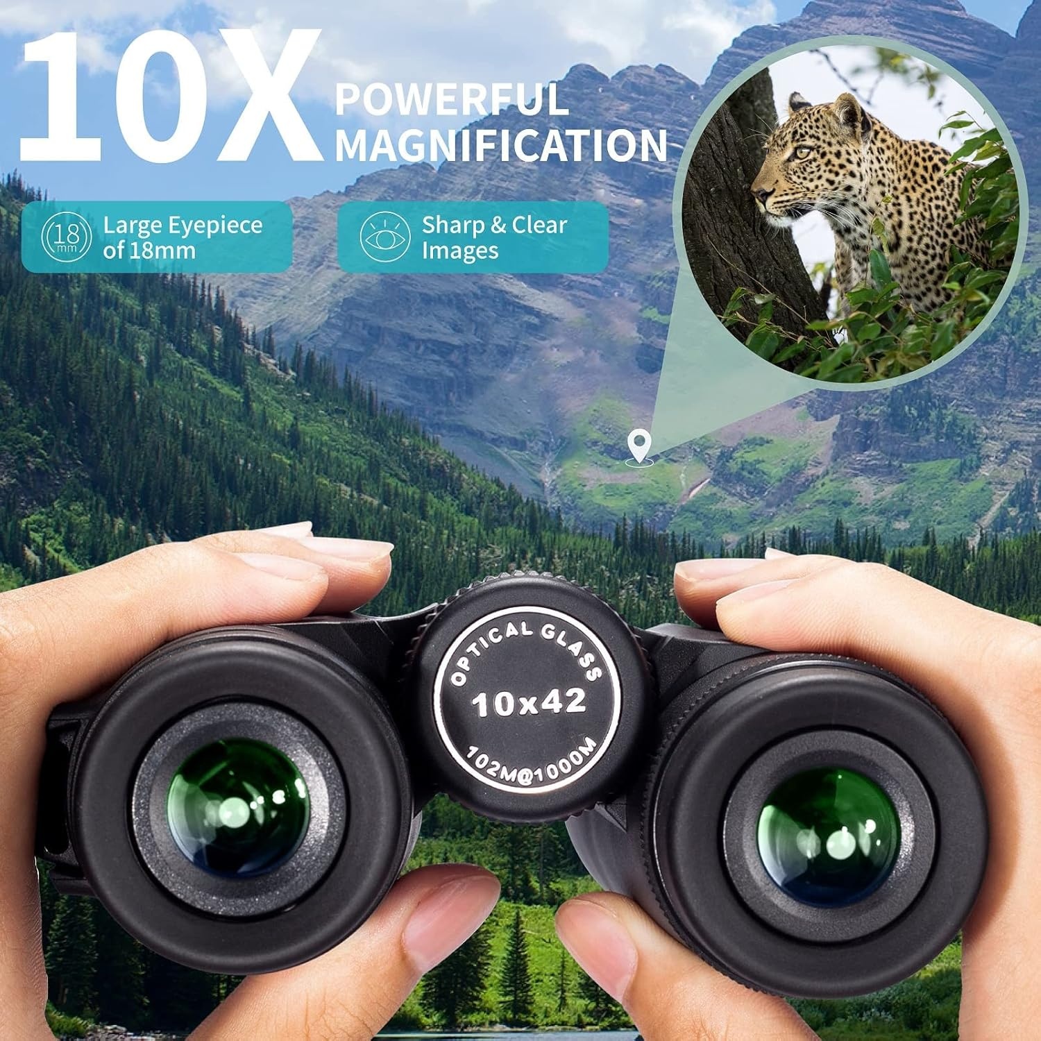Gosky 10x42 Dak Prisma Verrekijker voor Volwassenen, HD Professionele Verrekijker voor Vogels Kijken Reizen Sterrenkijken Jacht Concerten Sport-BAK4 Prisma FMC-lens - met telefoonbevestiging riem