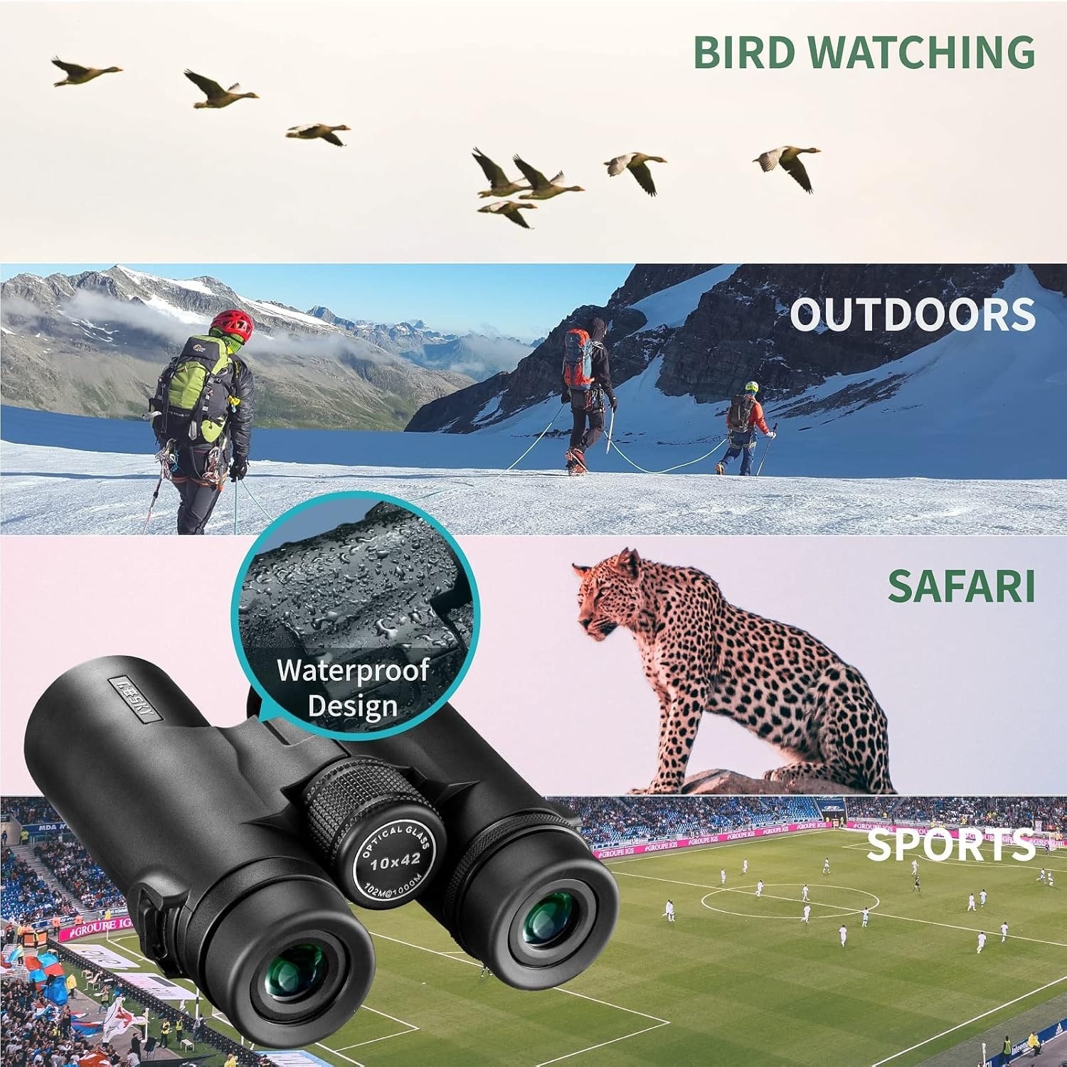 Gosky 10x42 Dak Prisma Verrekijker voor Volwassenen, HD Professionele Verrekijker voor Vogels Kijken Reizen Sterrenkijken Jacht Concerten Sport-BAK4 Prisma FMC-lens - met telefoonbevestiging riem