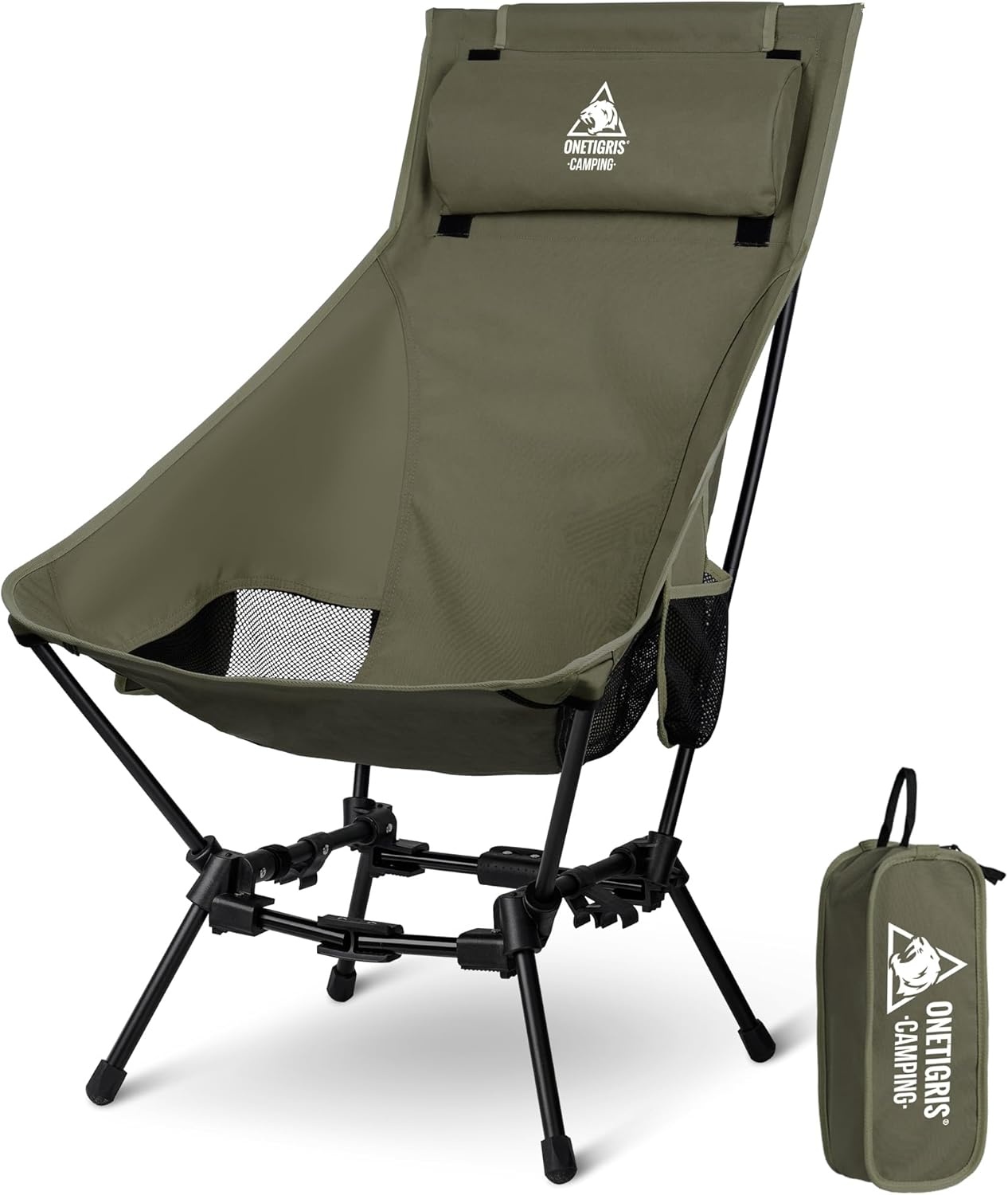 OneTigris Dragonhide Campingstoel, klapstoel, vissersstoel, hoge rugleuning, opvouwbaar, belastbaar tot 125 kg, licht, inklapbaar, met 2 zijzakken, voor outdoor, wandelen, rangergroen