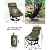 OneTigris Dragonhide Campingstoel, klapstoel, vissersstoel, hoge rugleuning, opvouwbaar, belastbaar tot 125 kg, licht, inklapbaar, met 2 zijzakken, voor outdoor, wandelen, rangergroen