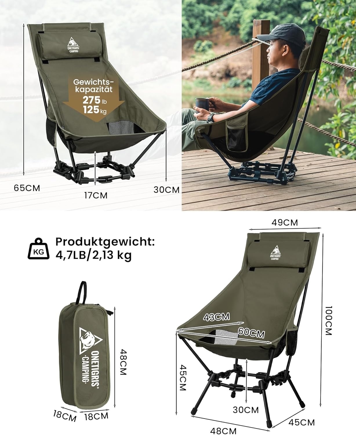 OneTigris Dragonhide Campingstoel, klapstoel, vissersstoel, hoge rugleuning, opvouwbaar, belastbaar tot 125 kg, licht, inklapbaar, met 2 zijzakken, voor outdoor, wandelen, rangergroen