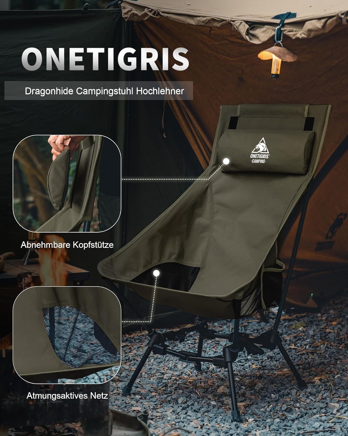 OneTigris Dragonhide Campingstoel, klapstoel, vissersstoel, hoge rugleuning, opvouwbaar, belastbaar tot 125 kg, licht, inklapbaar, met 2 zijzakken, voor outdoor, wandelen, rangergroen