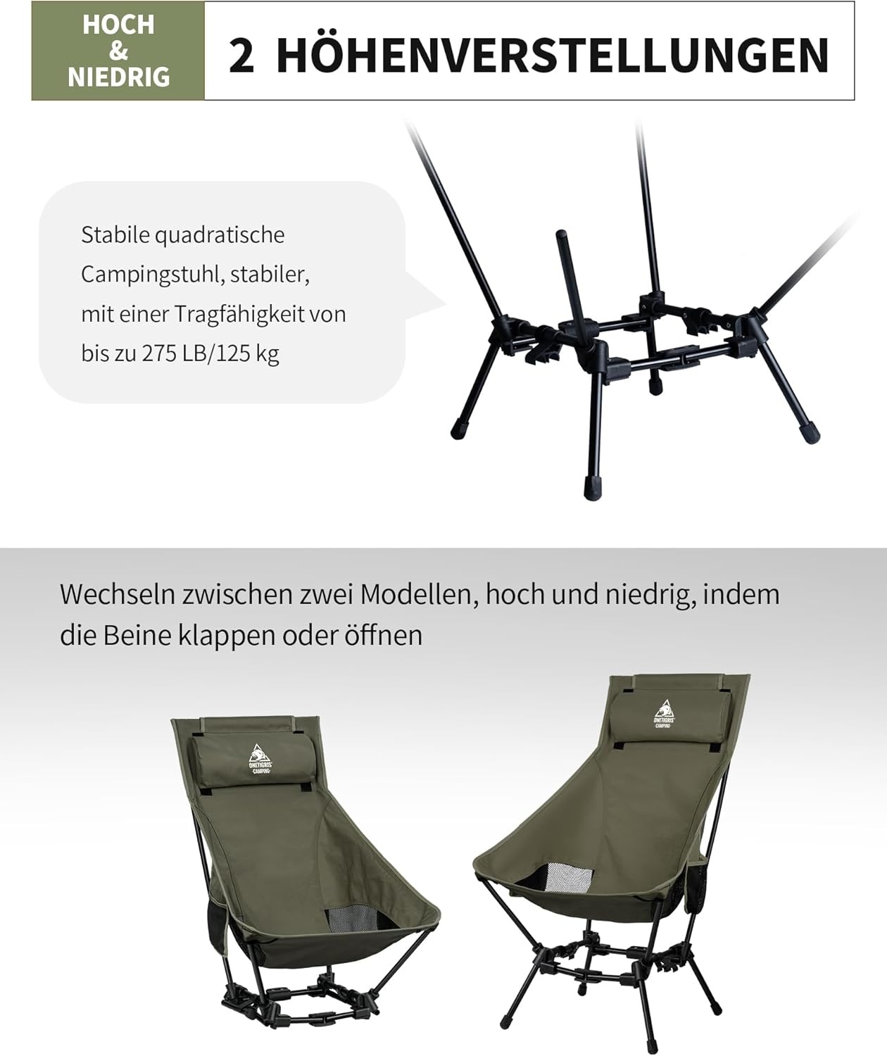 OneTigris Dragonhide Campingstoel, klapstoel, vissersstoel, hoge rugleuning, opvouwbaar, belastbaar tot 125 kg, licht, inklapbaar, met 2 zijzakken, voor outdoor, wandelen, rangergroen