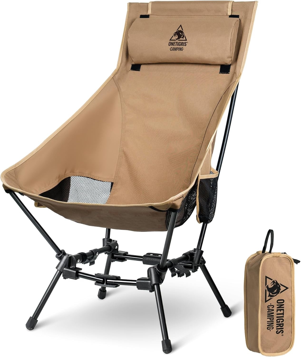 OneTigris Dragonhide Campingstoel, klapstoel, vissersstoel, hoge rugleuning, opvouwbaar, belastbaar tot 125 kg, licht, inklapbaar, met 2 zijzakken, voor outdoor, wandelen, rangergroen