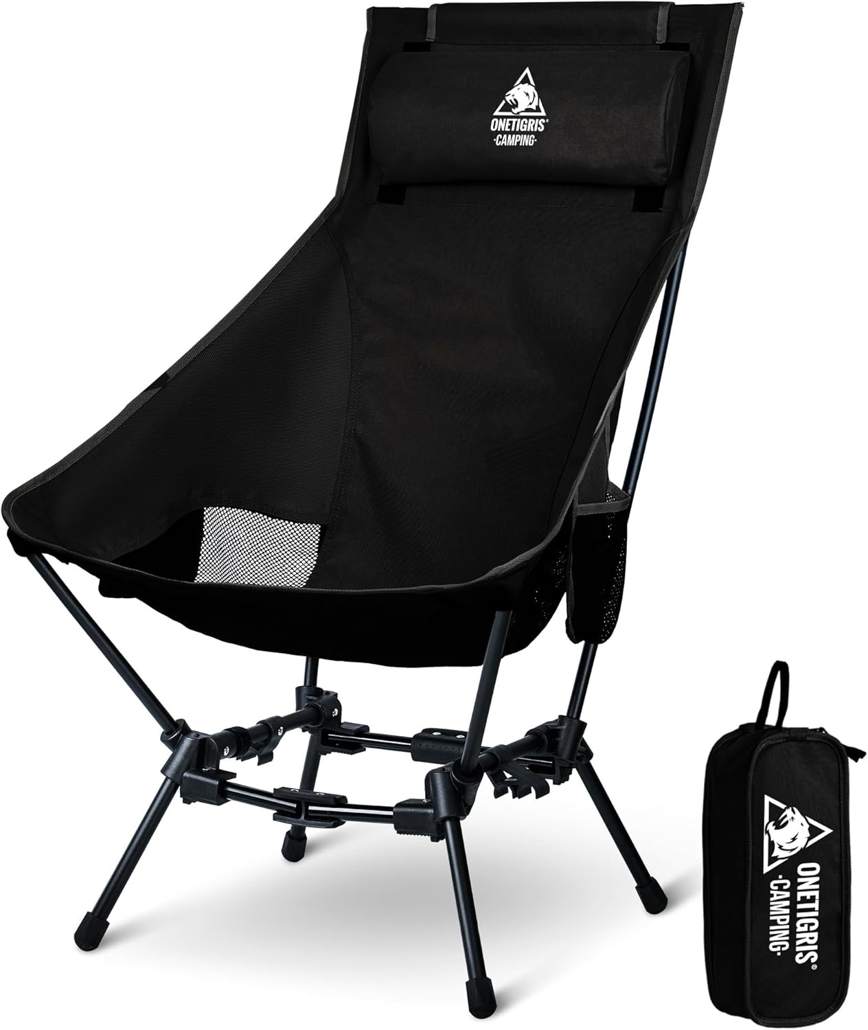 OneTigris Dragonhide Campingstoel, klapstoel, vissersstoel, hoge rugleuning, opvouwbaar, belastbaar tot 125 kg, licht, inklapbaar, met 2 zijzakken, voor outdoor, wandelen, rangergroen