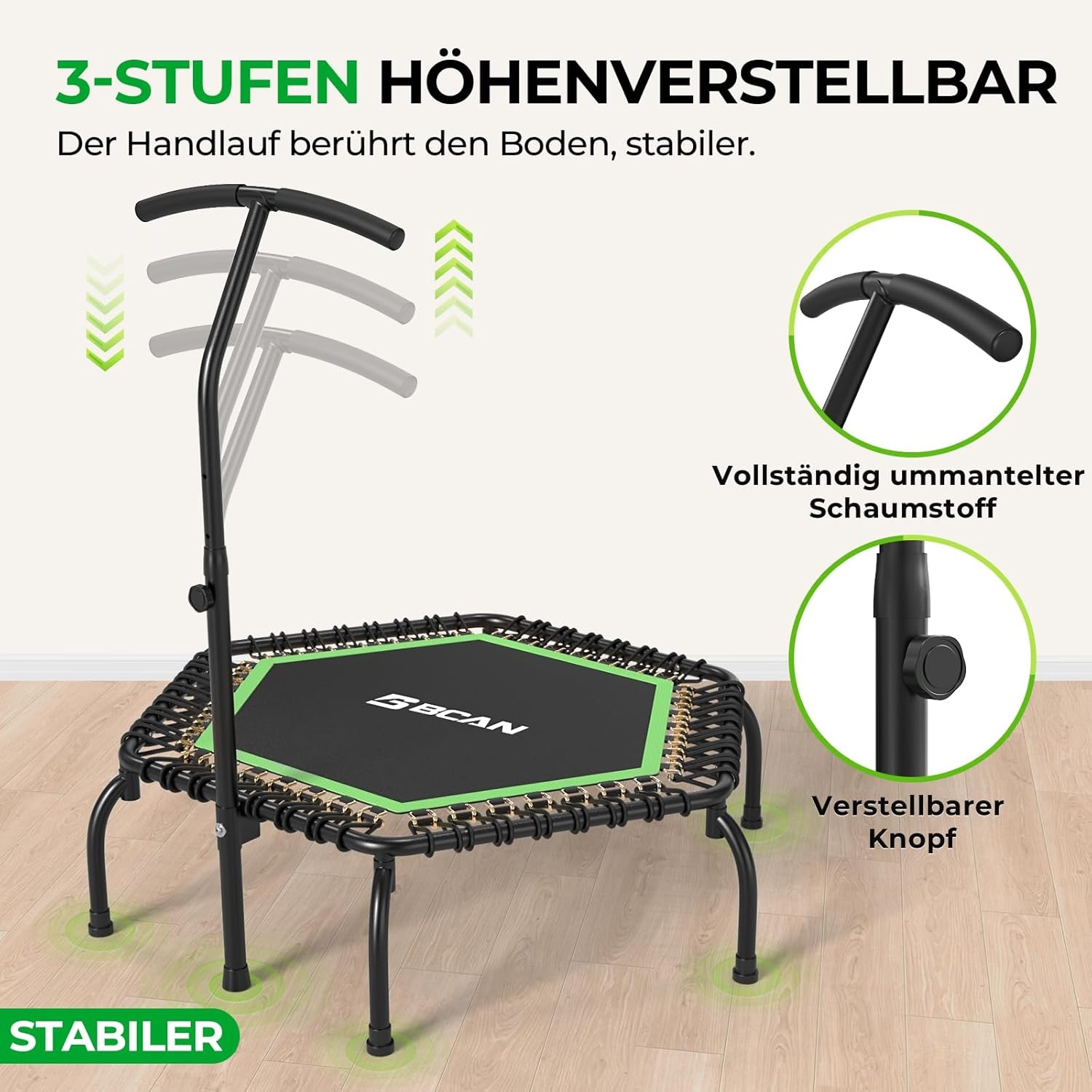 BCAN Fitness Trampoline 122 cm Groen met Bungee-touwen en Verstelbare Handgreep