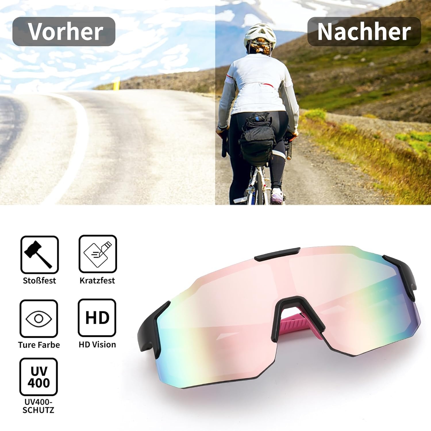 Roze Sport Zonnebril Fietsbril met UV400 Bescherming | 28% Korting
