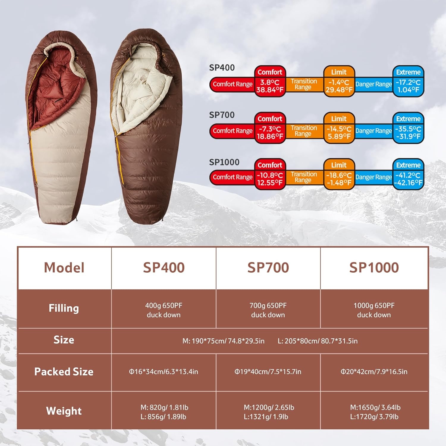 Slaapzak Outdoor -15°C | 700g Dons | Maat L Donkerbruin | 30% Korting