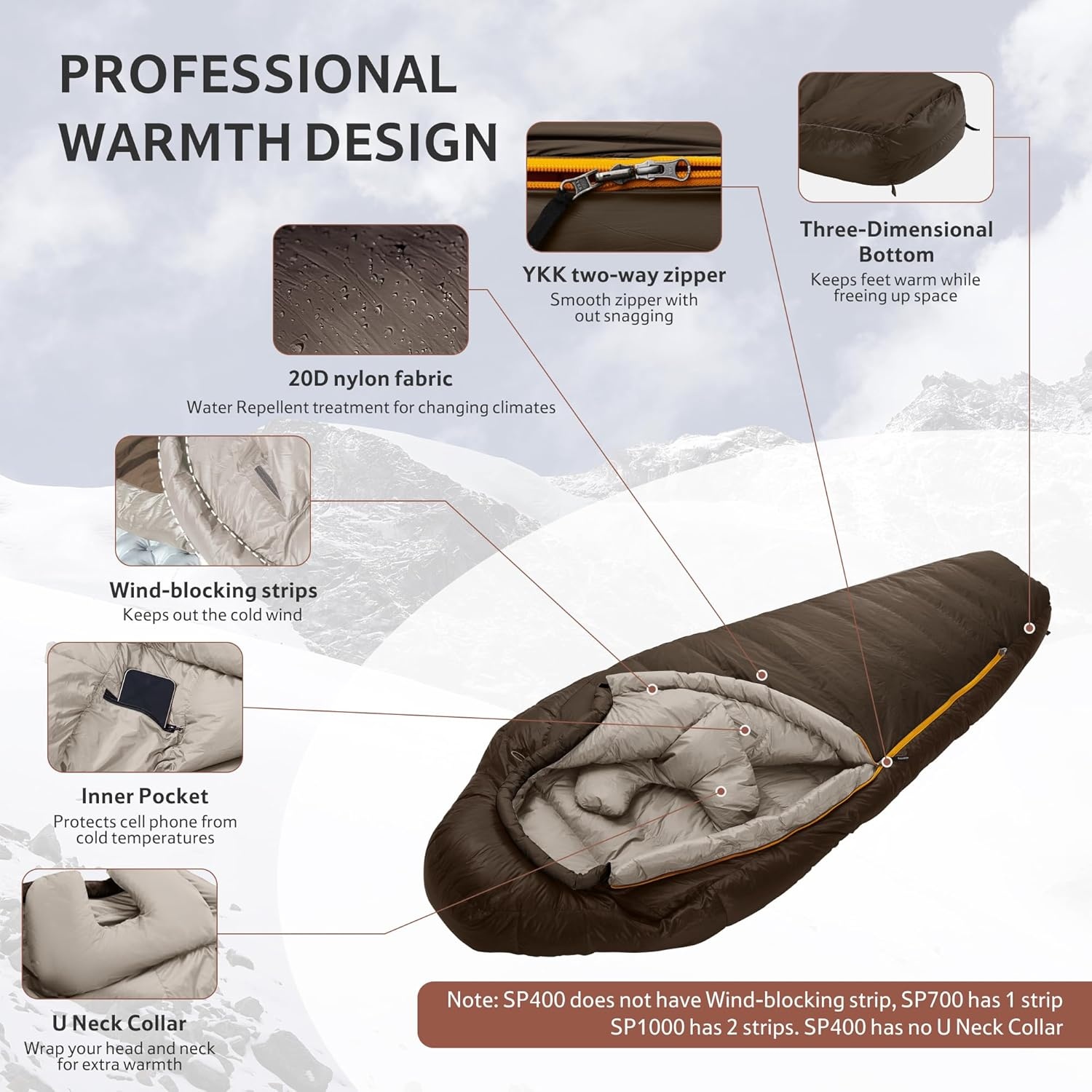 Slaapzak Outdoor -15°C | 700g Dons | Maat L Donkerbruin | 30% Korting