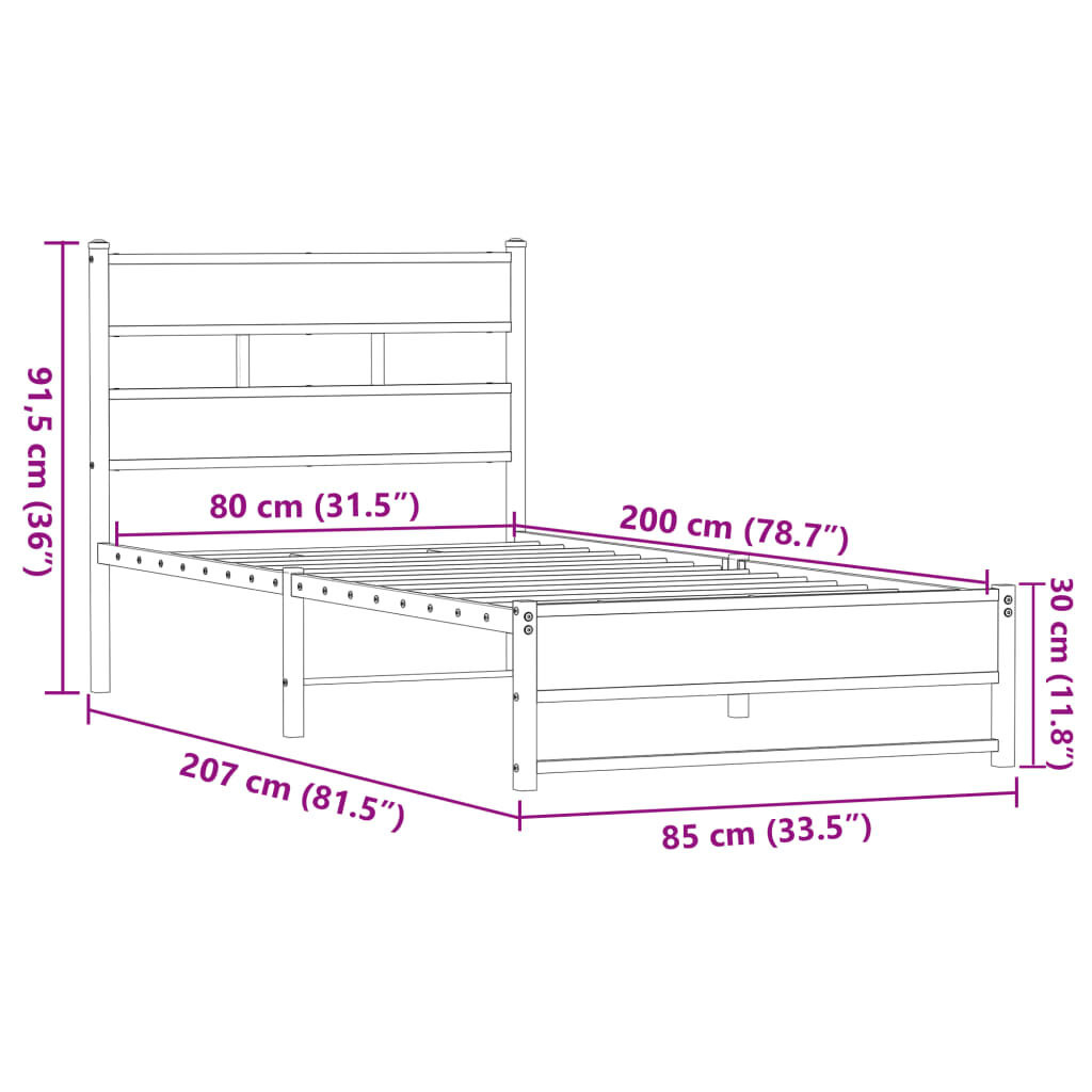 vidaXL Bedframe Metaal Bruin Eiken 80x200cm - 34% Korting!