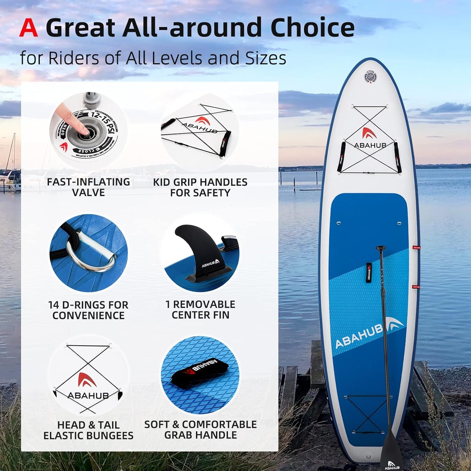 Abahub SUP Board Opblaasbaar, 320x78x15cm Stand Up Paddling Board Set, Blauw/Groen/Oranje/Rood Standup Paddle Board met Verstelbare Aluminium Peddel, Kajak Stoel, voor Kajakken, Kanoën