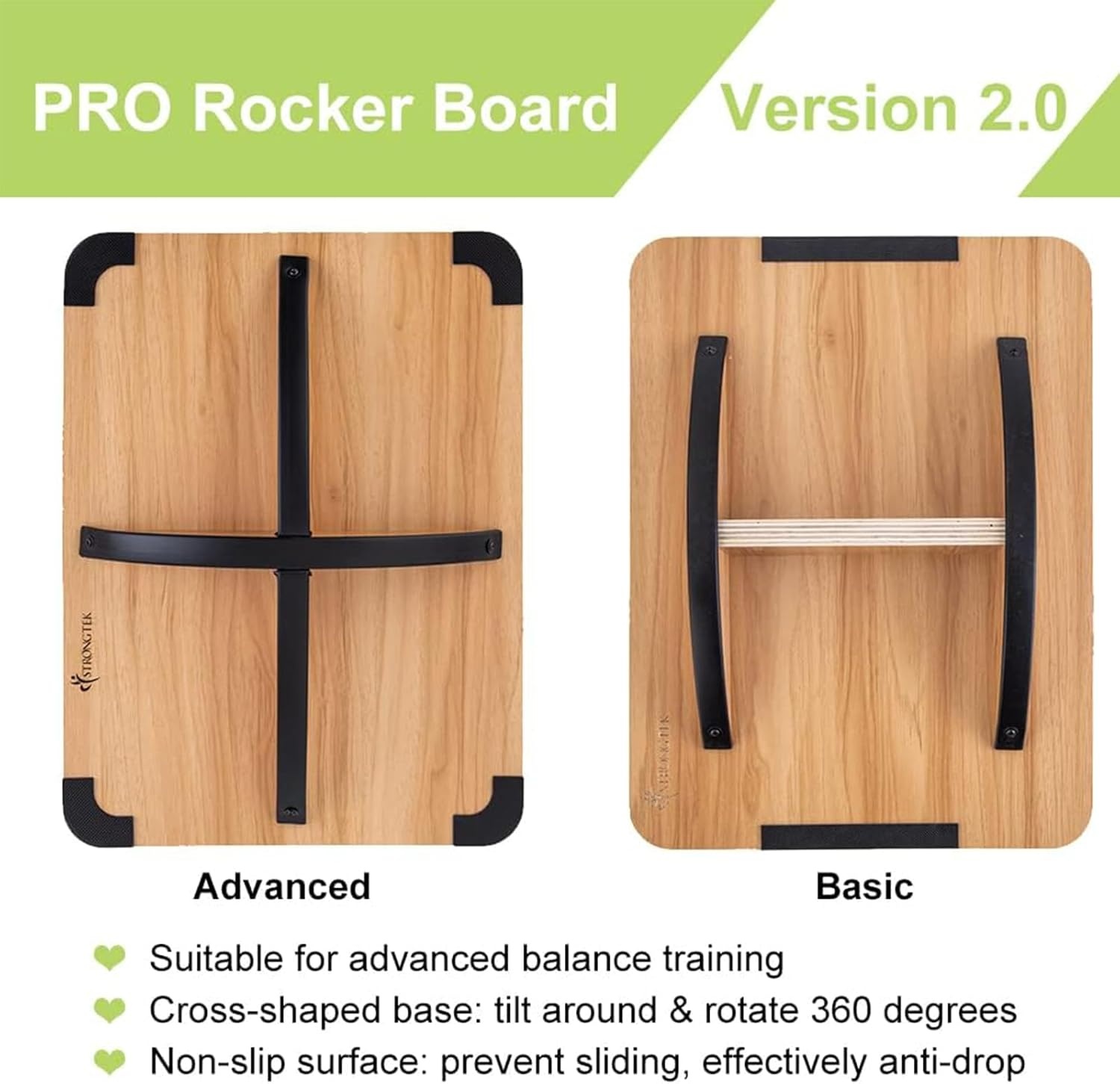 StrongTek Professioneel houten balansbord met gekruiste hardhouten basis, geavanceerde wipplank voor kernsterkte, stabiliteitstraining, moeilijke balansplank, ondersteuning 360 ° rotatie