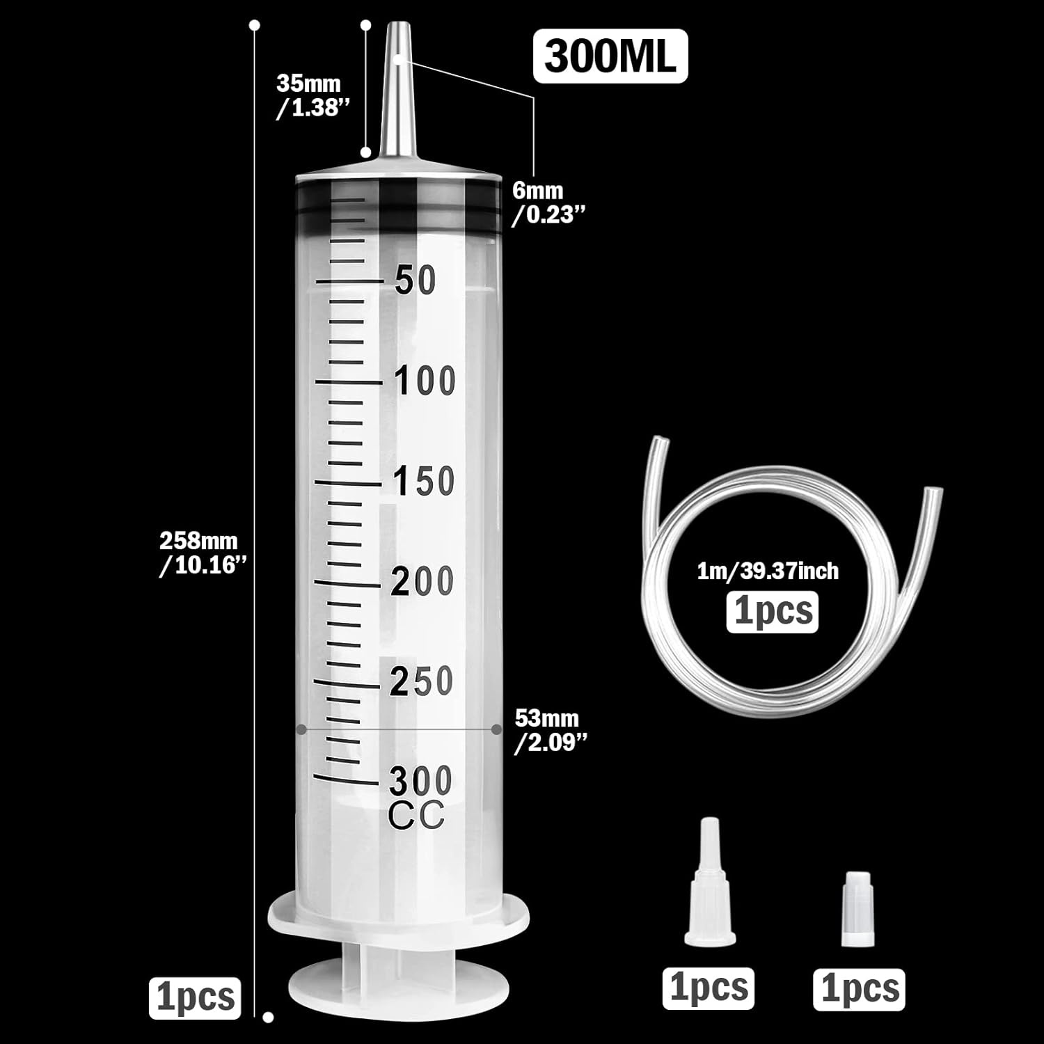 Spuit Met Slang, Plastic Spuit Met Dop 300ml, Grote Spuit Herbruikbaar, Spuiten, Herbruikbare Spuiten Met Grote Capaciteit voor Laboratorium, Industrie, Huisdiervoeding