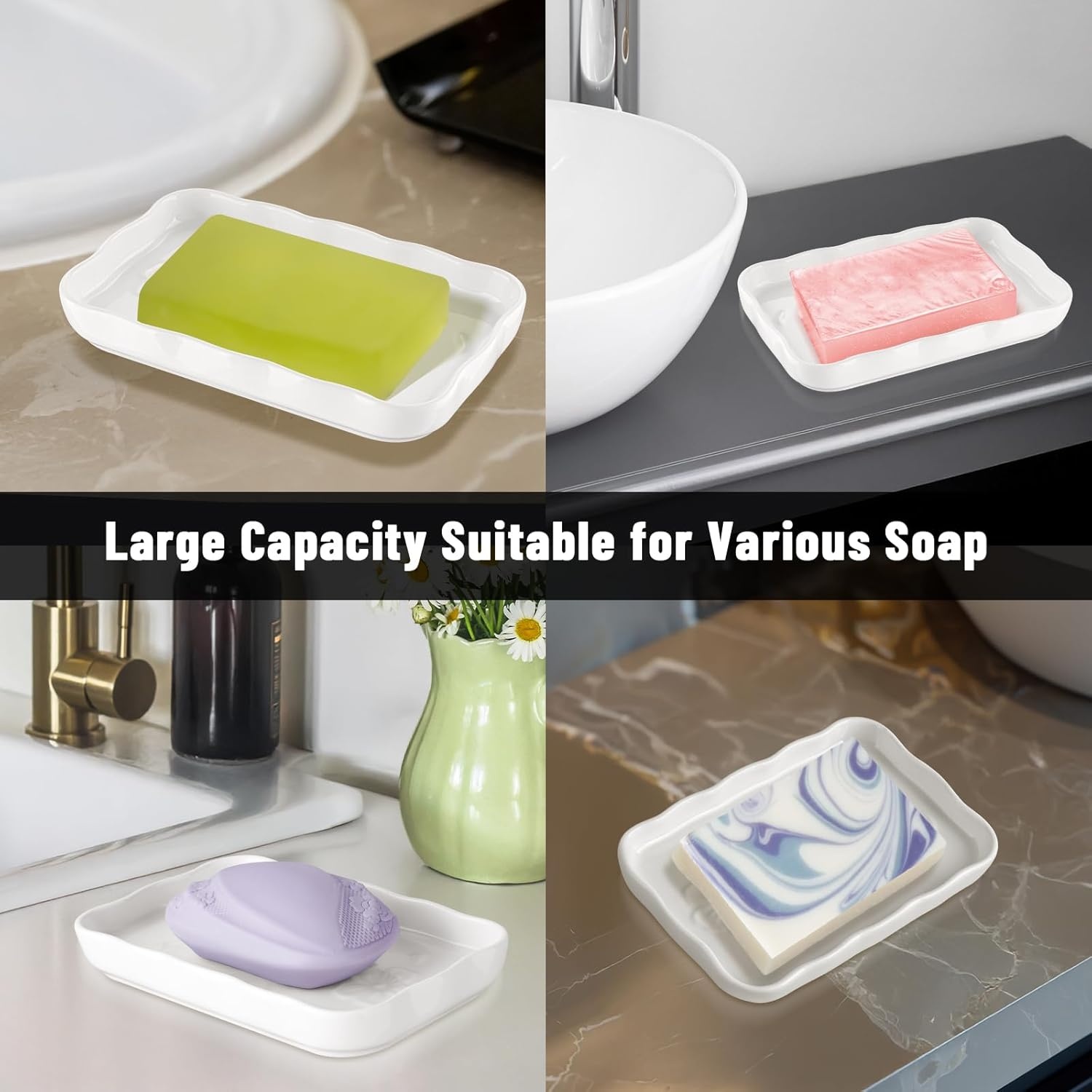 NiHome Keramische zeepbakje voor badkamer of keuken gootsteen, verhoogd bloemontwerp Compact formaat 5,7"x3,6"x0,78", gemakkelijk schoon te maken, vochtbestendig, glad oppervlak, veelzijdig gebruik