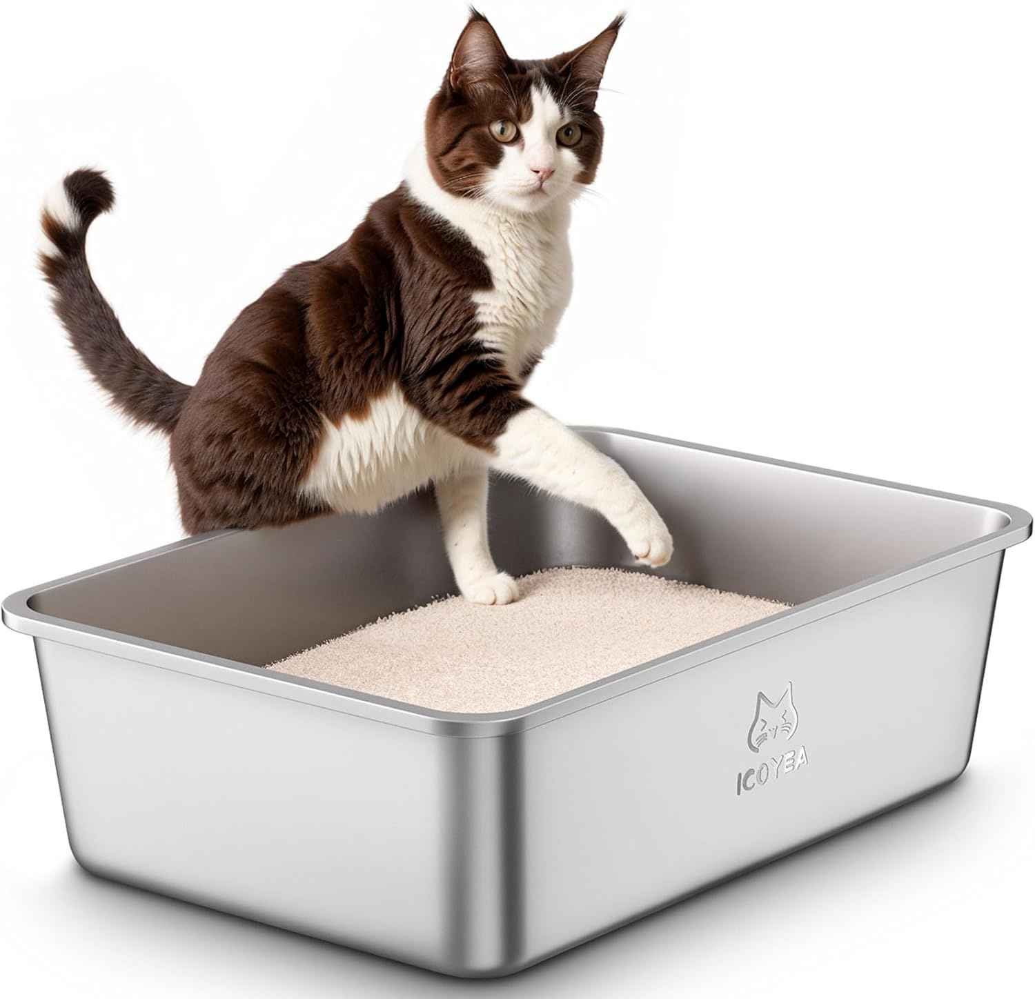 Grote Kattenbak van Roestvrij Staal, Open XXL Kattenbak, Metalen Kattenbakken voor Katten van Alle Maten en Konijnen, met Antiaanbaklaag, Geurvrij en Gemakkelijk Schoon te Maken, 60x40x20cm