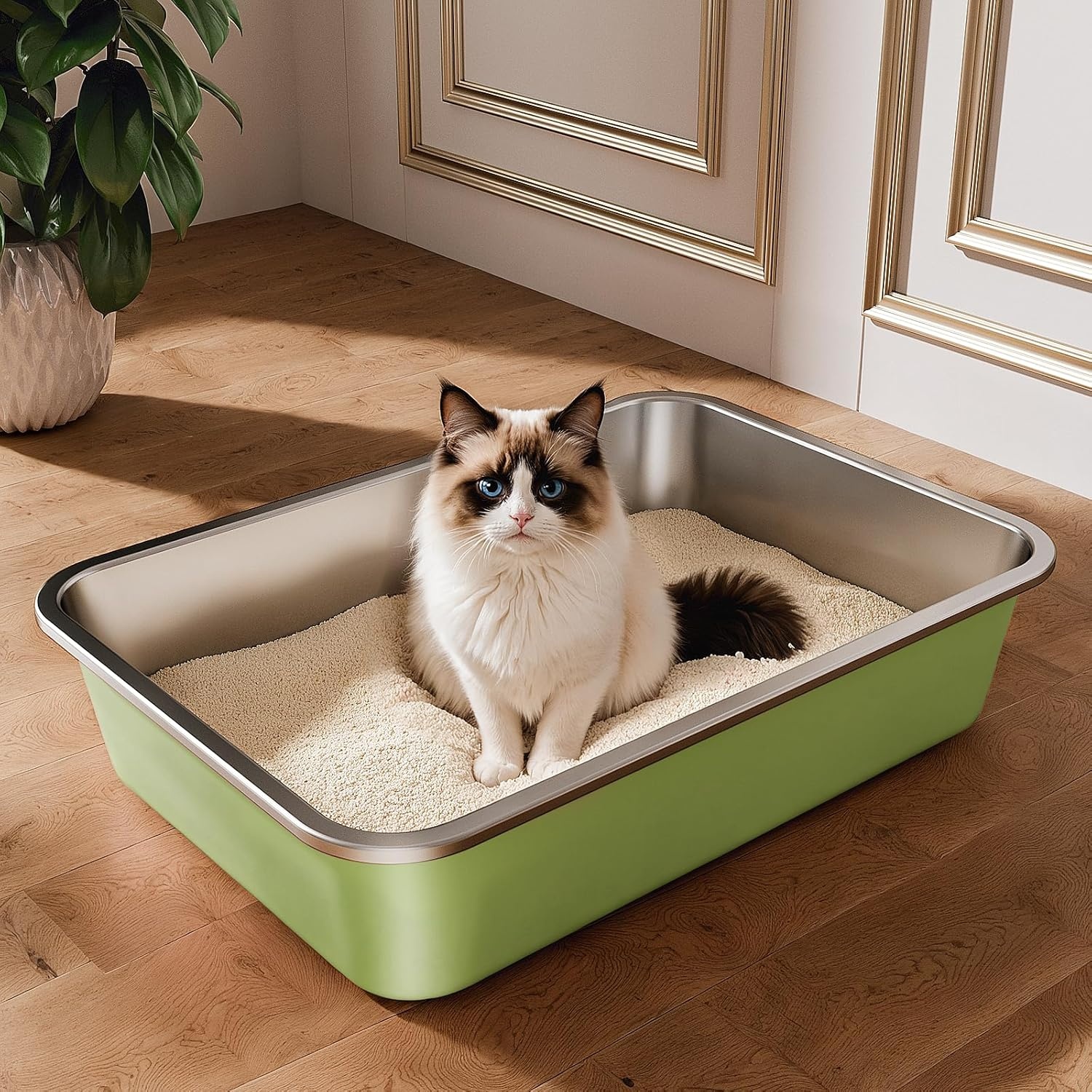 Grote Kattenbak van Roestvrij Staal, Open XXL Kattenbak, Metalen Kattenbakken voor Katten van Alle Maten en Konijnen, met Antiaanbaklaag, Geurvrij en Gemakkelijk Schoon te Maken, 60x40x20cm