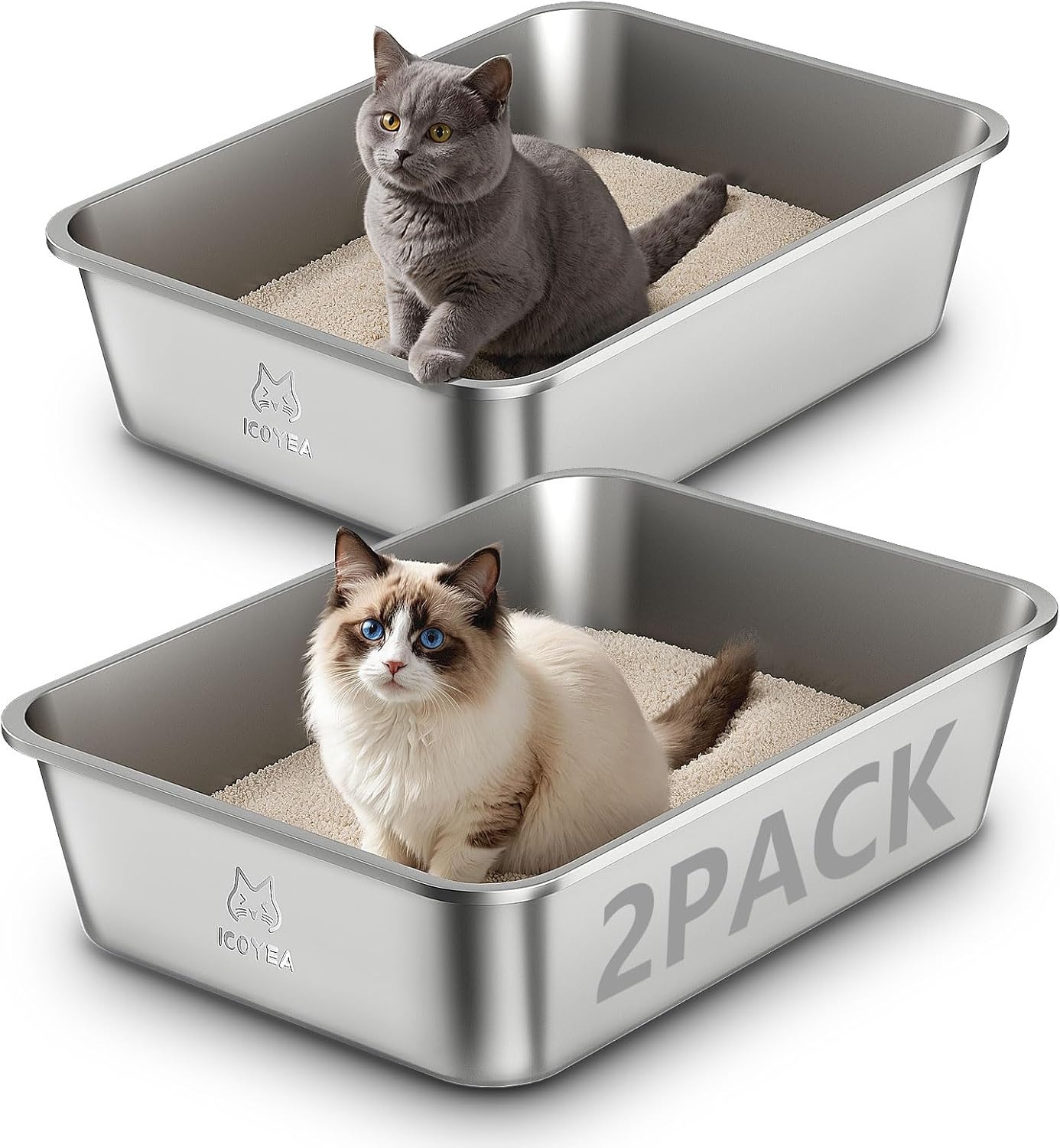 Grote Kattenbak van Roestvrij Staal, Open XXL Kattenbak, Metalen Kattenbakken voor Katten van Alle Maten en Konijnen, met Antiaanbaklaag, Geurvrij en Gemakkelijk Schoon te Maken, 60x40x20cm
