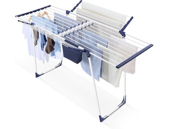 SYKIARIOL Droogrek, vleugeldroogrek, staand droogrek met vleugels, uittrekbaar inklapbaar wasrek met klemzak en sokkenhouder, geschikt voor kleding en handdoeken