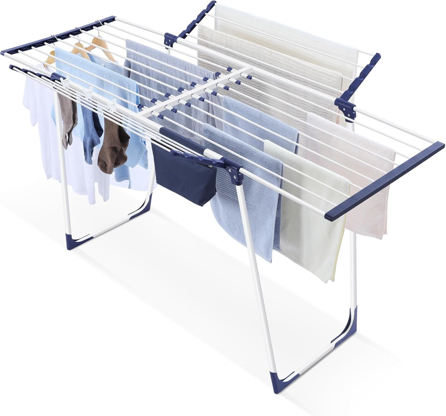 SYKIARIOL Droogrek, vleugeldroogrek, staand droogrek met vleugels, uittrekbaar inklapbaar wasrek met klemzak en sokkenhouder, geschikt voor kleding en handdoeken