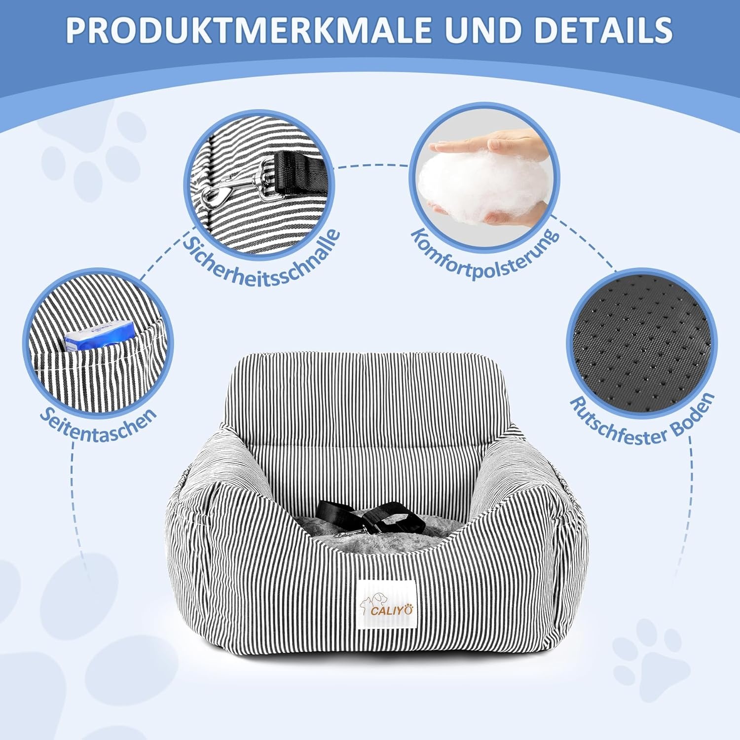 Hondenautostoel voor kleine honden tot 10 kg | Stabiele basis, veiligheidsgordel, traagschuim zitkussen | Waterdicht, wasbaar | Zwart/Wit met opbergta