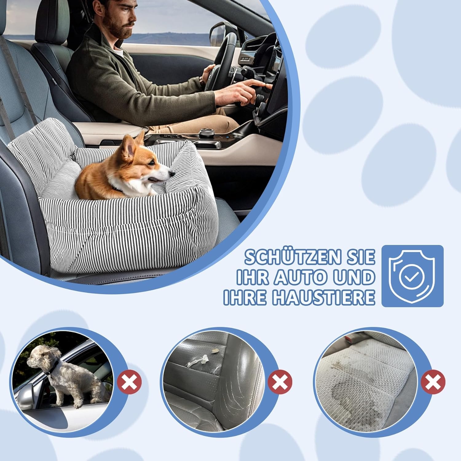 Hondenautostoel voor kleine honden tot 10 kg | Stabiele basis, veiligheidsgordel, traagschuim zitkussen | Waterdicht, wasbaar | Zwart/Wit met opbergta
